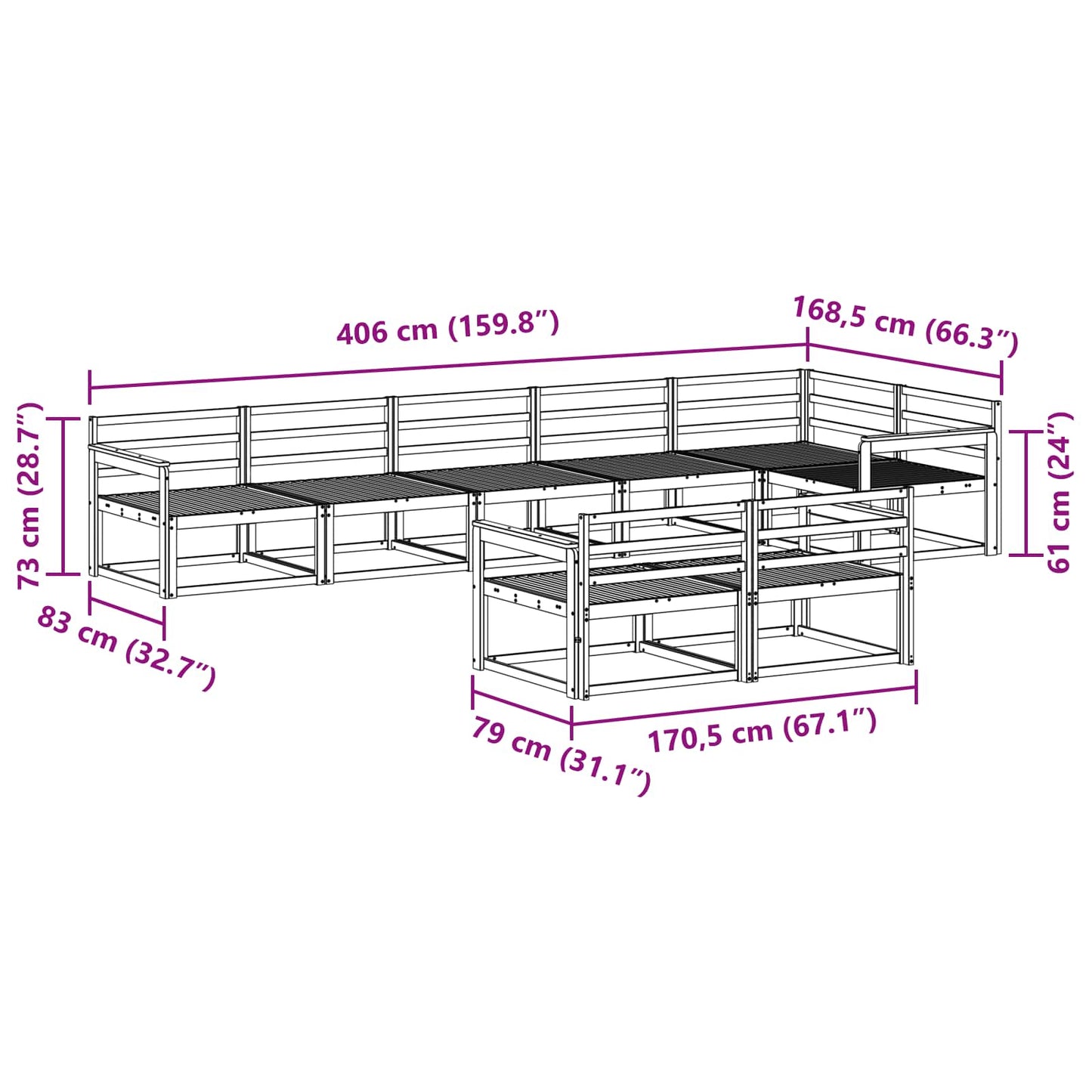 Buiten bankenset 8 pcs Wit 406 x 168,5 x 73 cm is nu te koop bij PeponiXL, paradijselijk wonen!