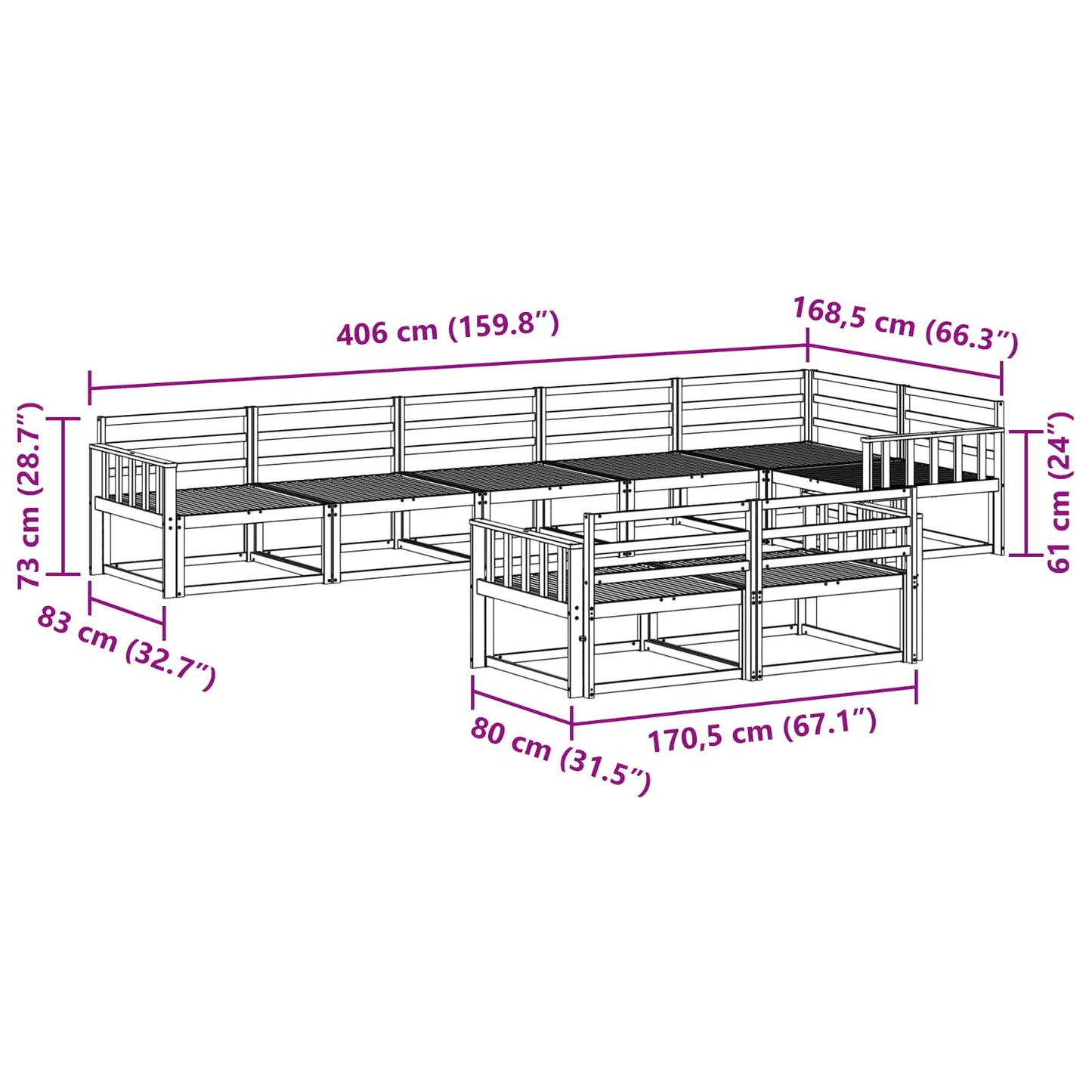 Buiten bankenset 8 pcs Wit 406 x 168,5 x 73 cm is nu te koop bij PeponiXL, paradijselijk wonen!