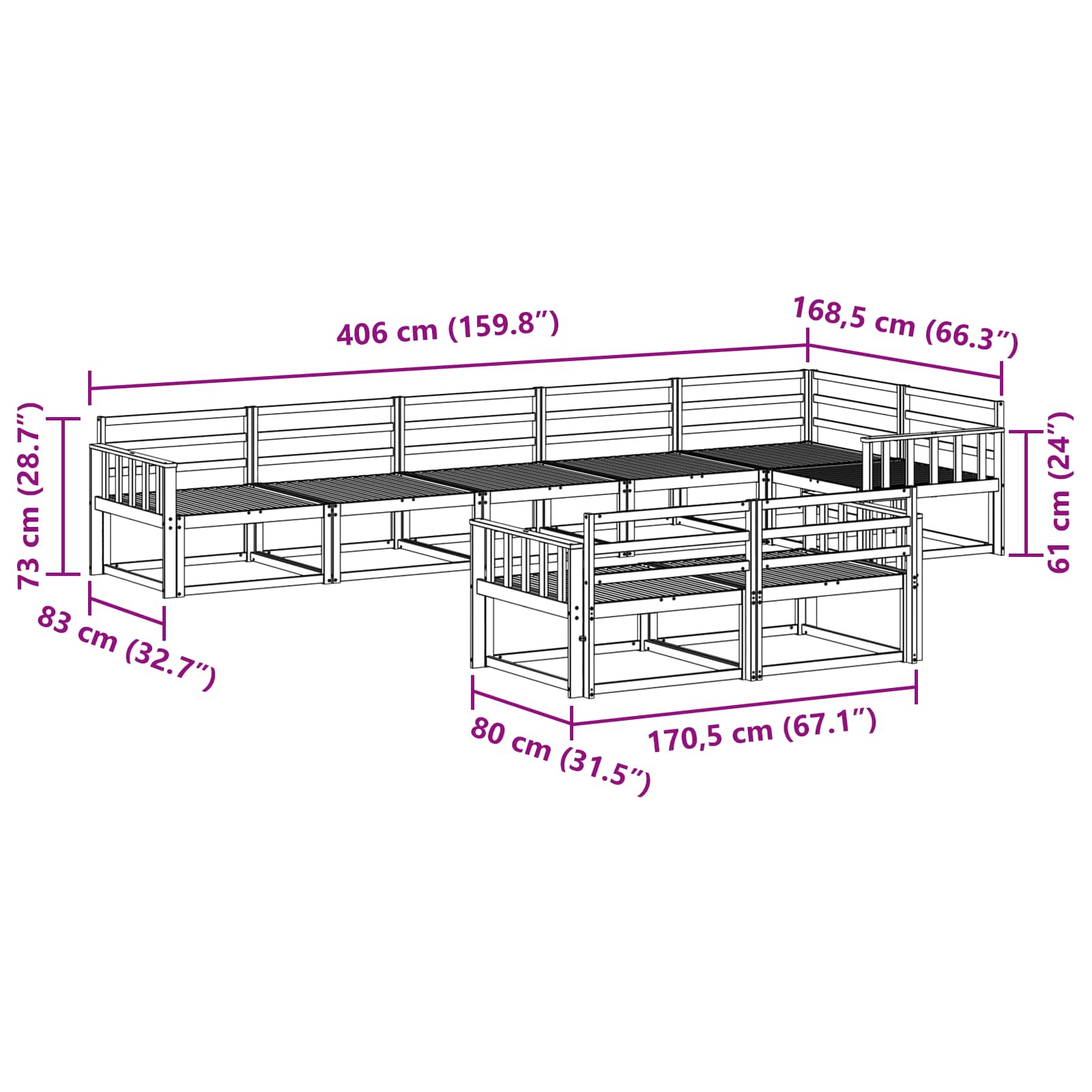 Buiten bankenset 8 pcs Wit 406 x 168,5 x 73 cm is nu te koop bij PeponiXL, paradijselijk wonen!