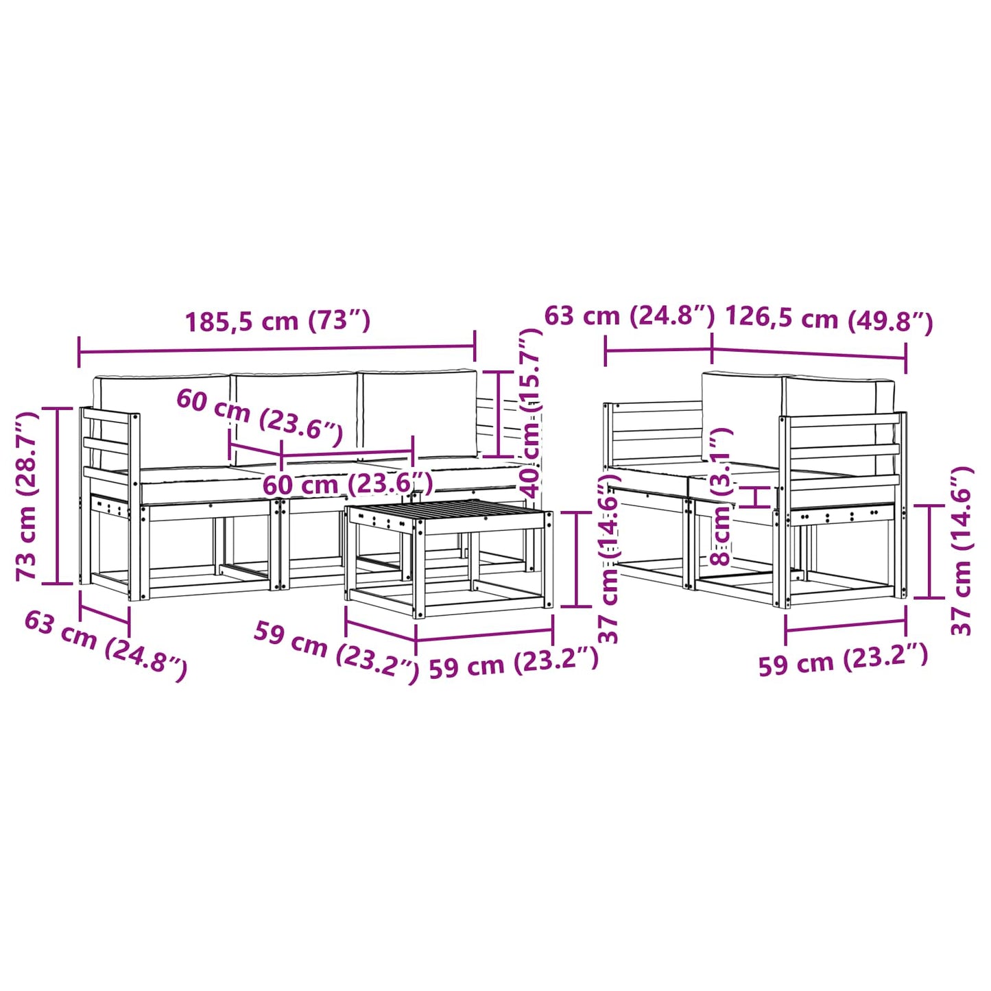 Buiten bankenset 6 pcs Wit en Lichtgrijs 59 x 59 x 37 cm