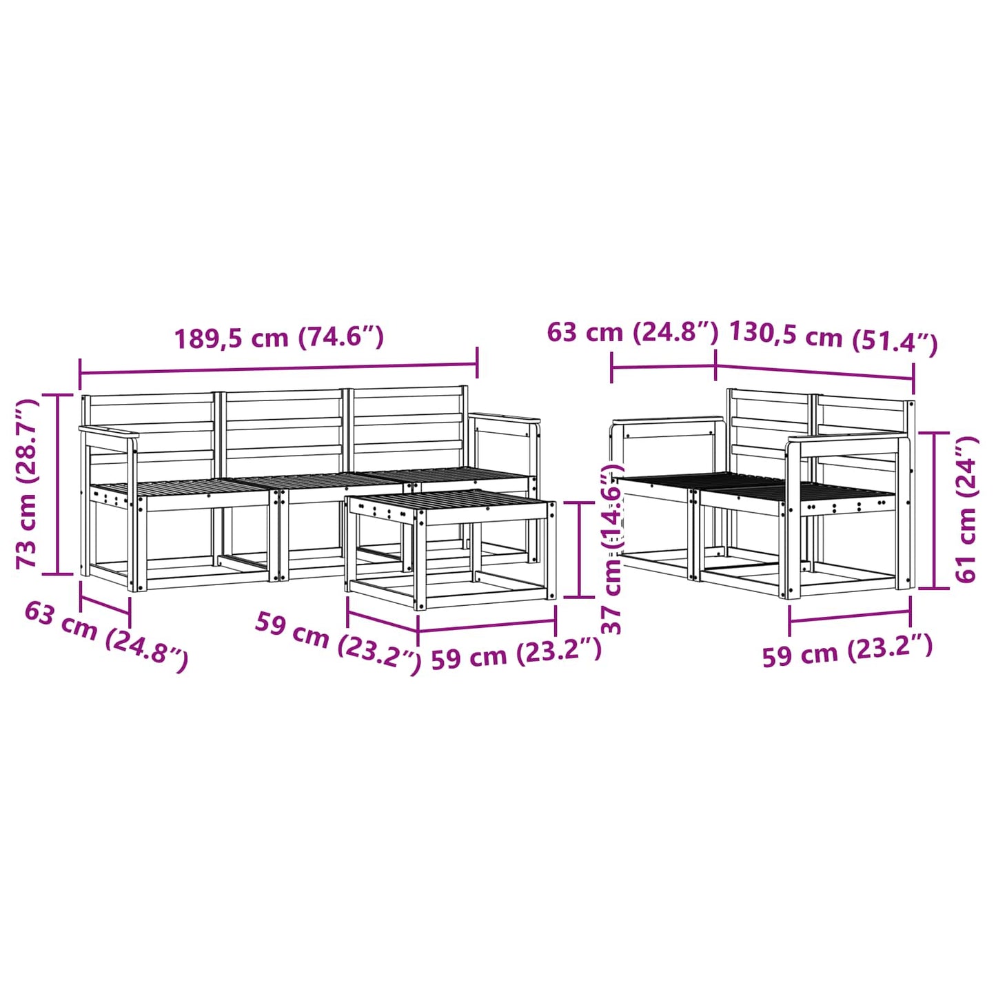 Buiten bankenset 6 pcs Wit 59 x 59 x 37 cm Massief Acaciahout