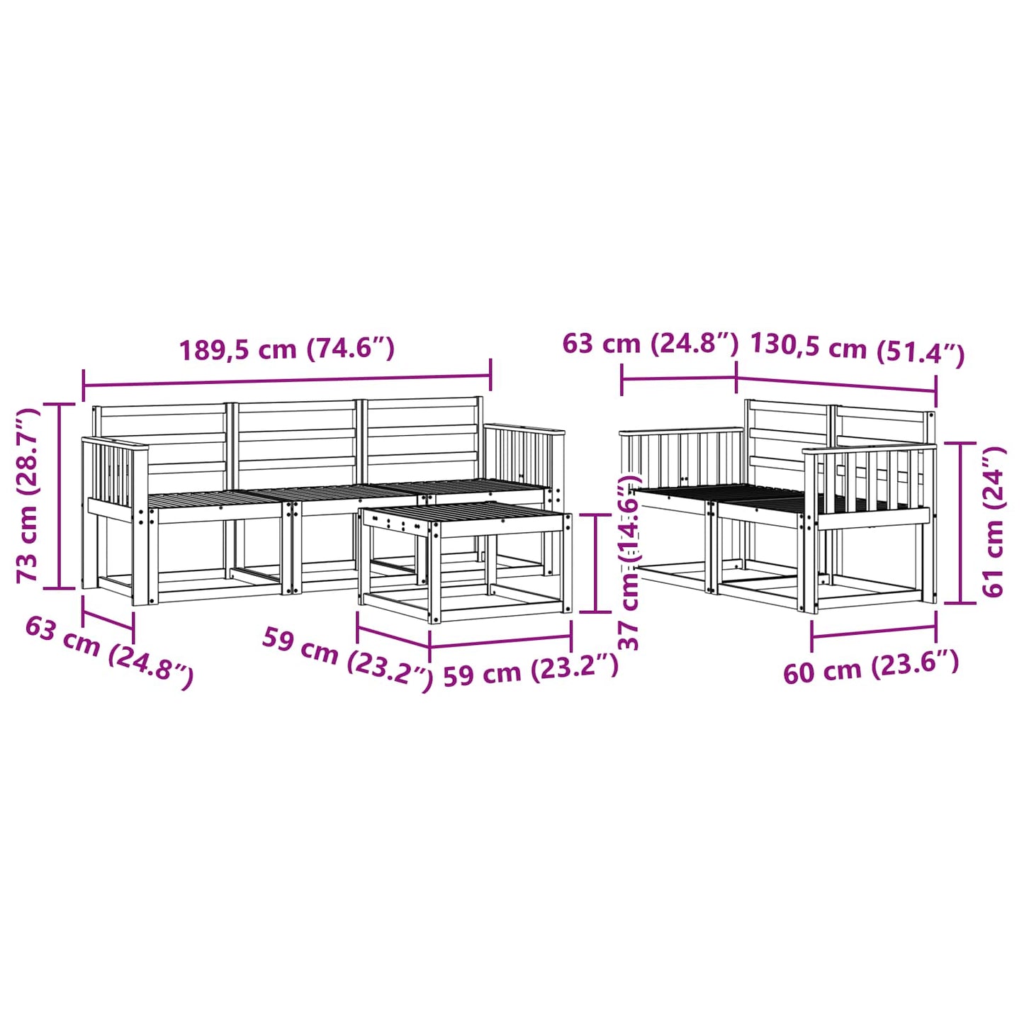 Buiten bankenset 6 pcs Wit 59 x 59 x 37 cm Massief Acaciahout