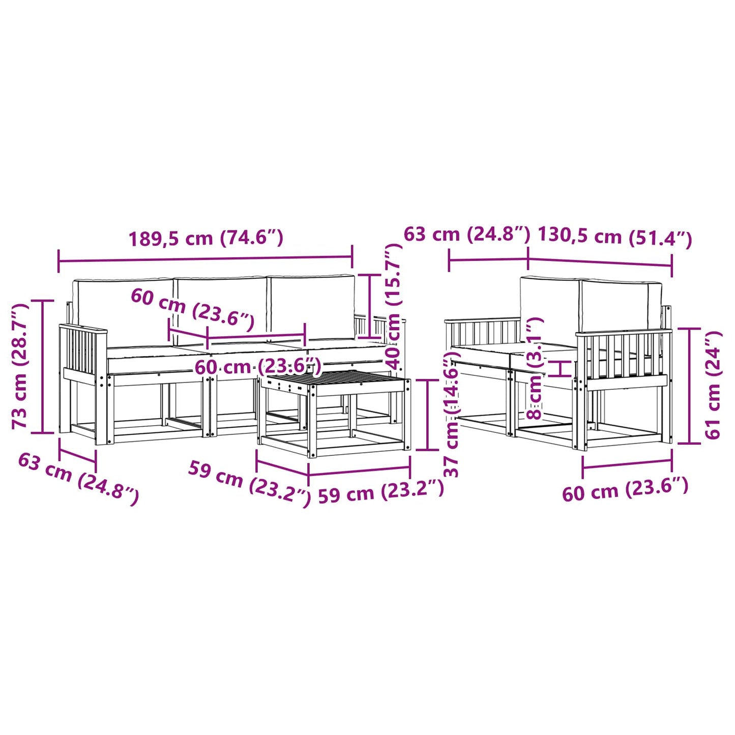 Buiten bankenset 6 pcs Wit en Lichtgrijs 59 x 59 x 37 cm