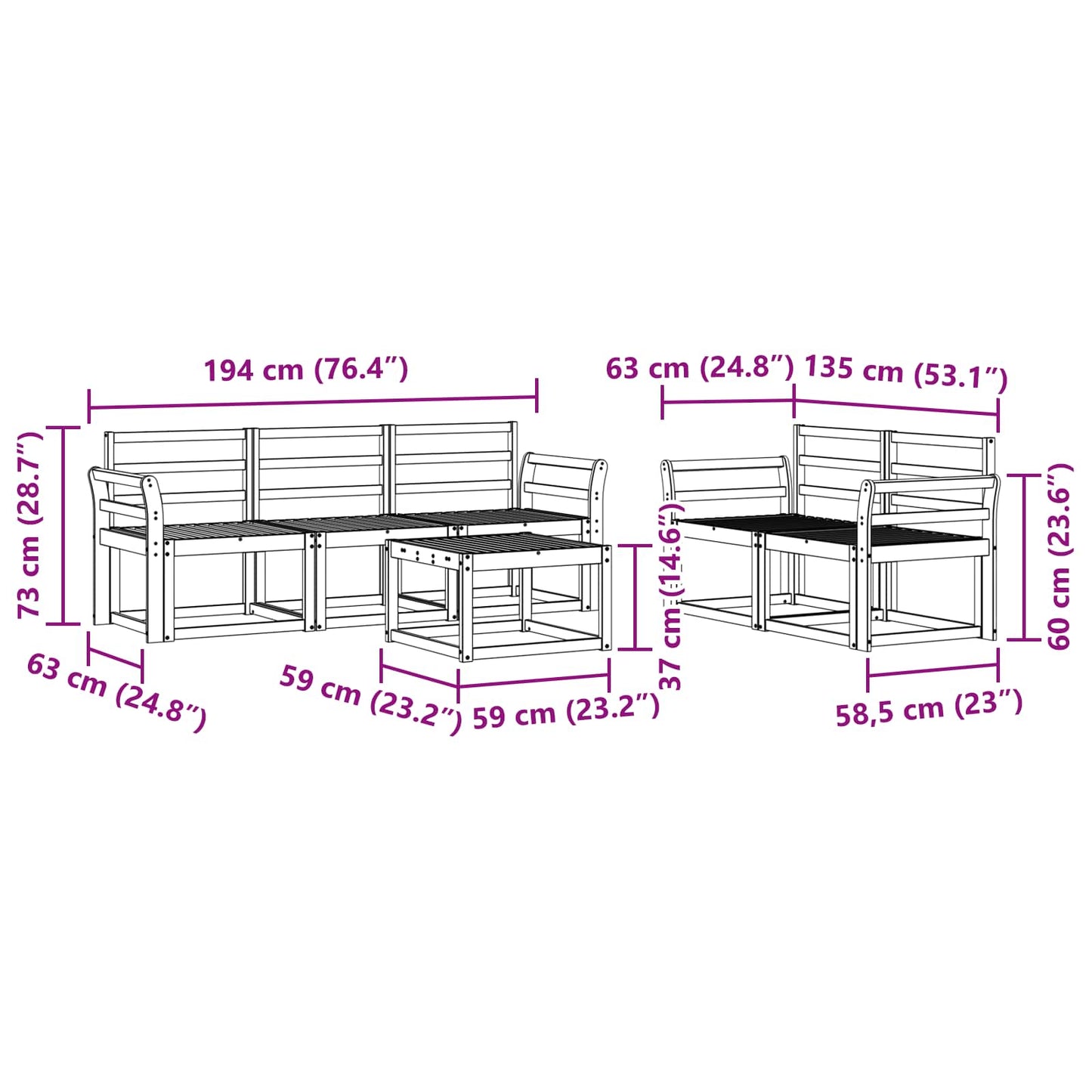 Buiten bankenset 6 pcs Wit 59 x 59 x 37 cm Massief Acaciahout
