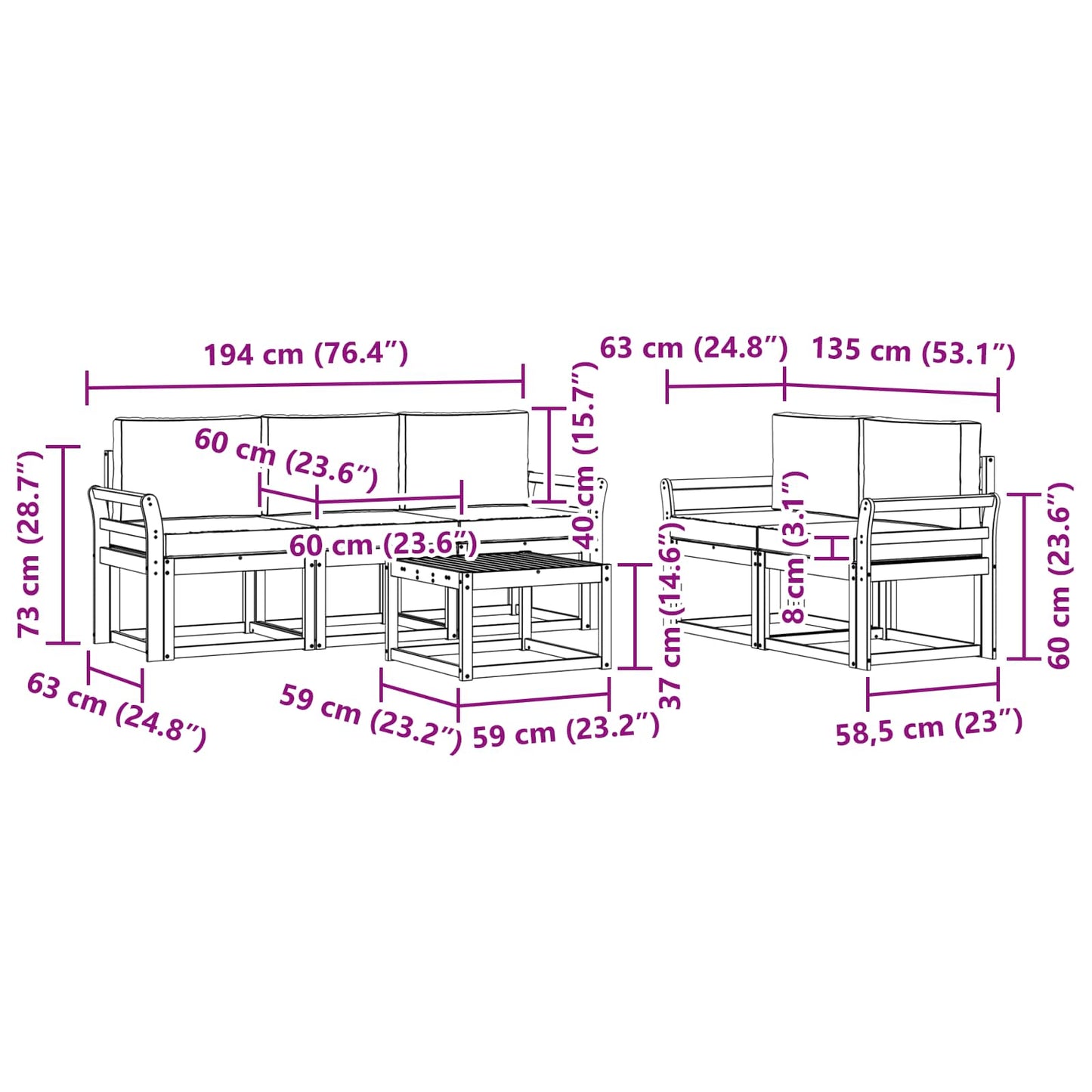 Buiten bankenset 6 pcs Wit en Lichtgrijs 59 x 59 x 37 cm