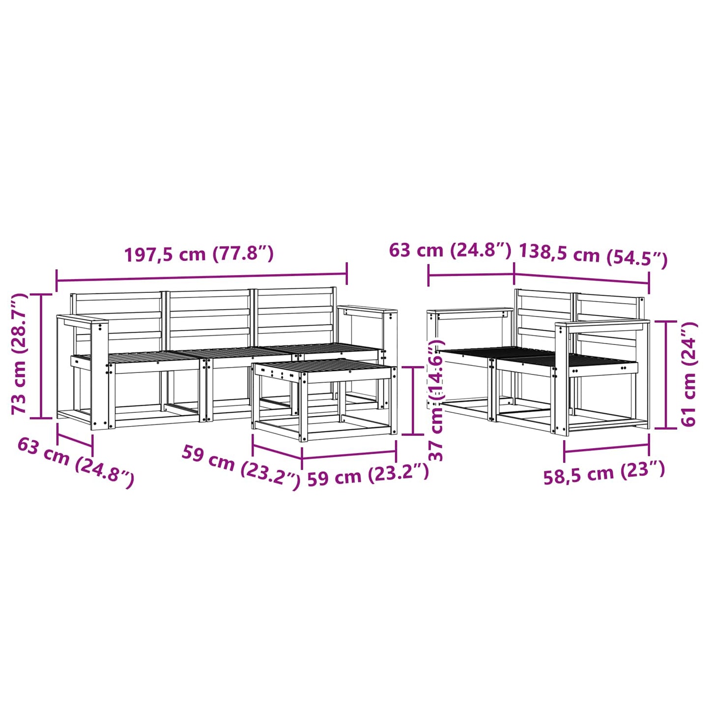 Buiten bankenset 6 pcs Wit 59 x 59 x 37 cm Massief Acaciahout