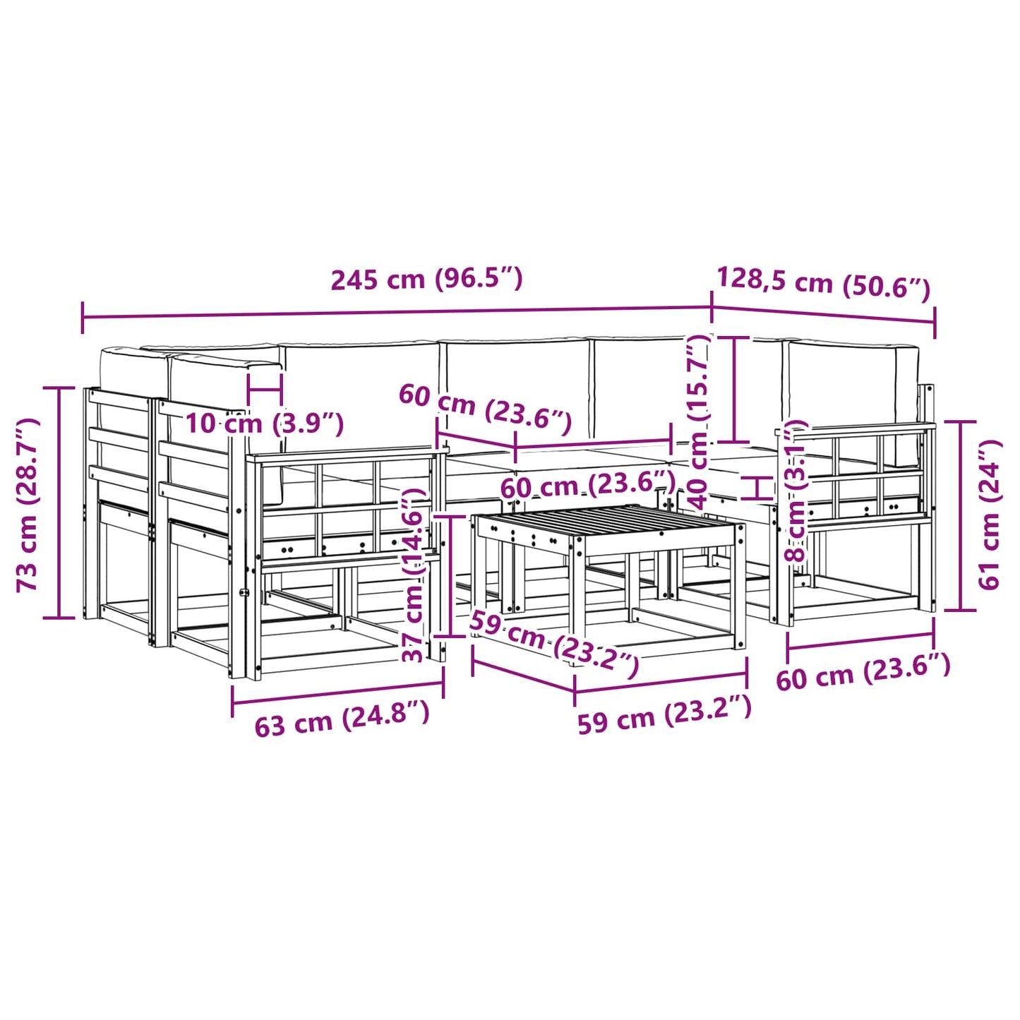 Buiten bankenset 7 pcs Wit en Lichtgrijs 59 x 59 x 37 cm