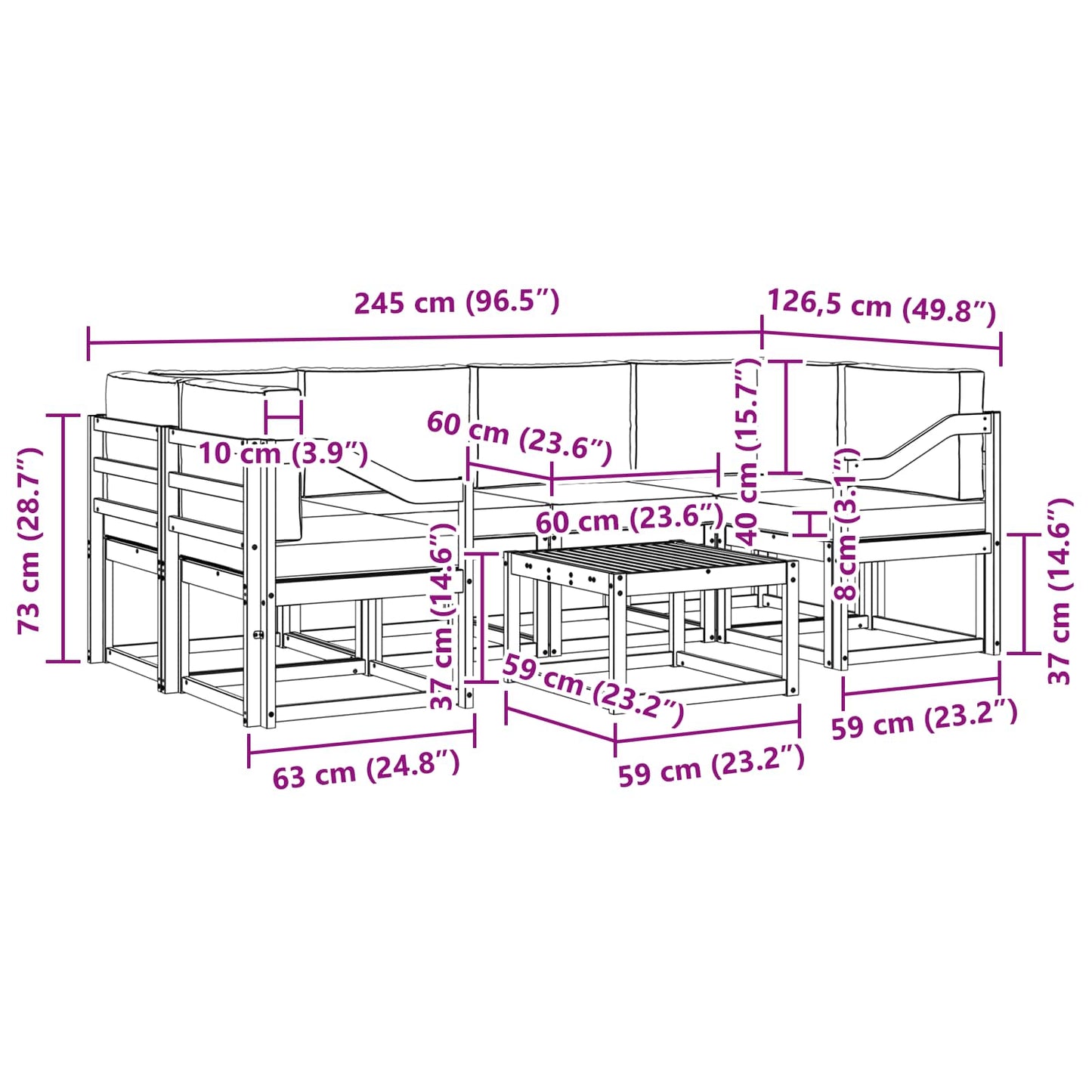 Buiten bankenset 7 pcs Wit en Lichtgrijs 59 x 59 x 37 cm