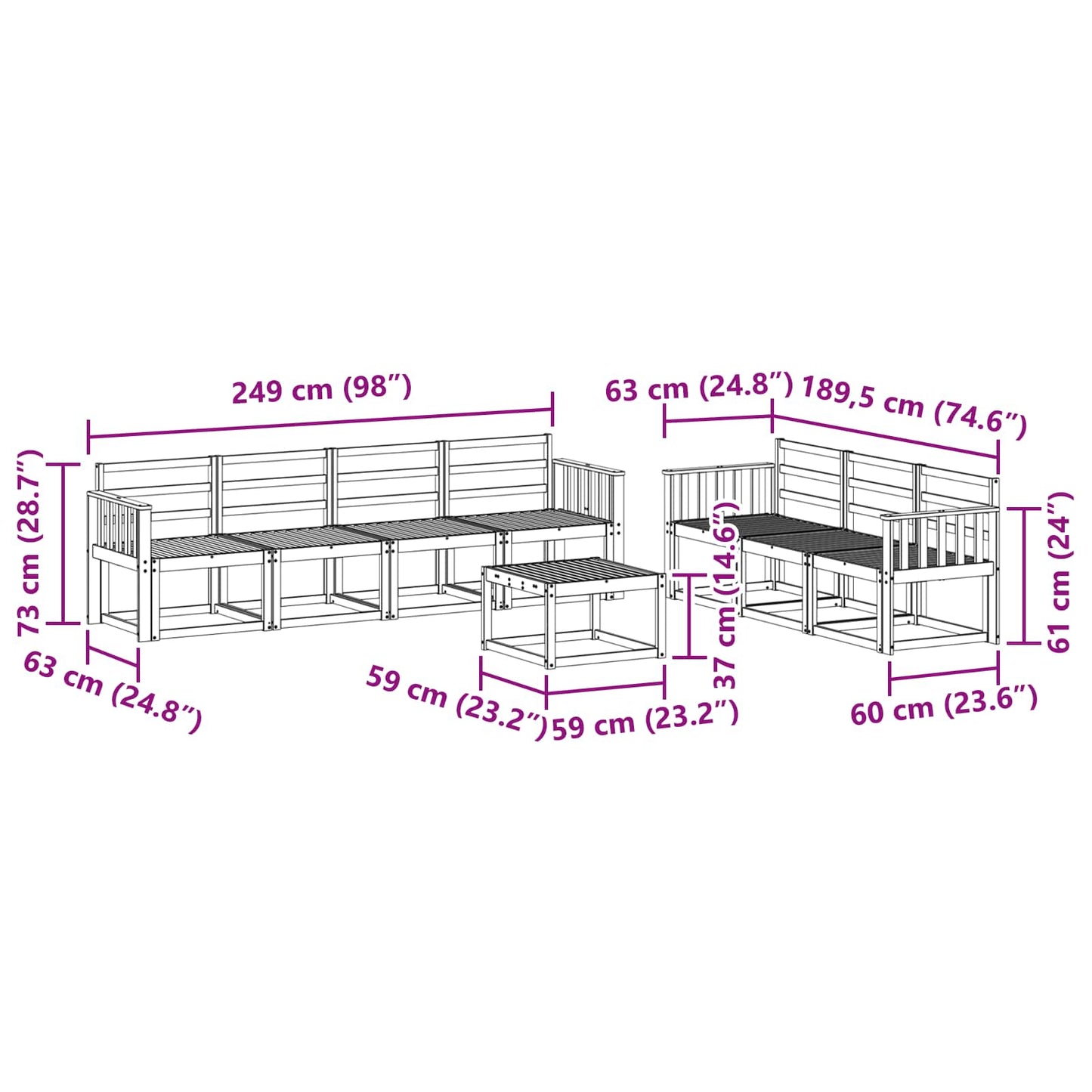 Buiten bankenset 8 pcs Wit 59 x 59 x 37 cm Massief Acaciahout