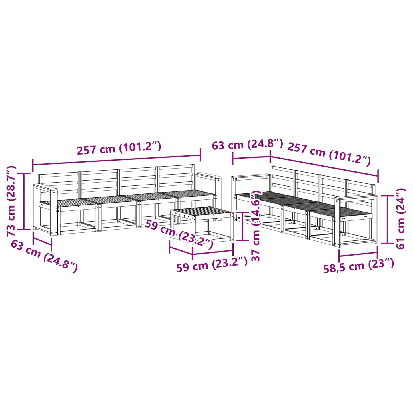 Buiten bankenset 9 pcs Wit 59 x 59 x 37 cm Massief Acaciahout