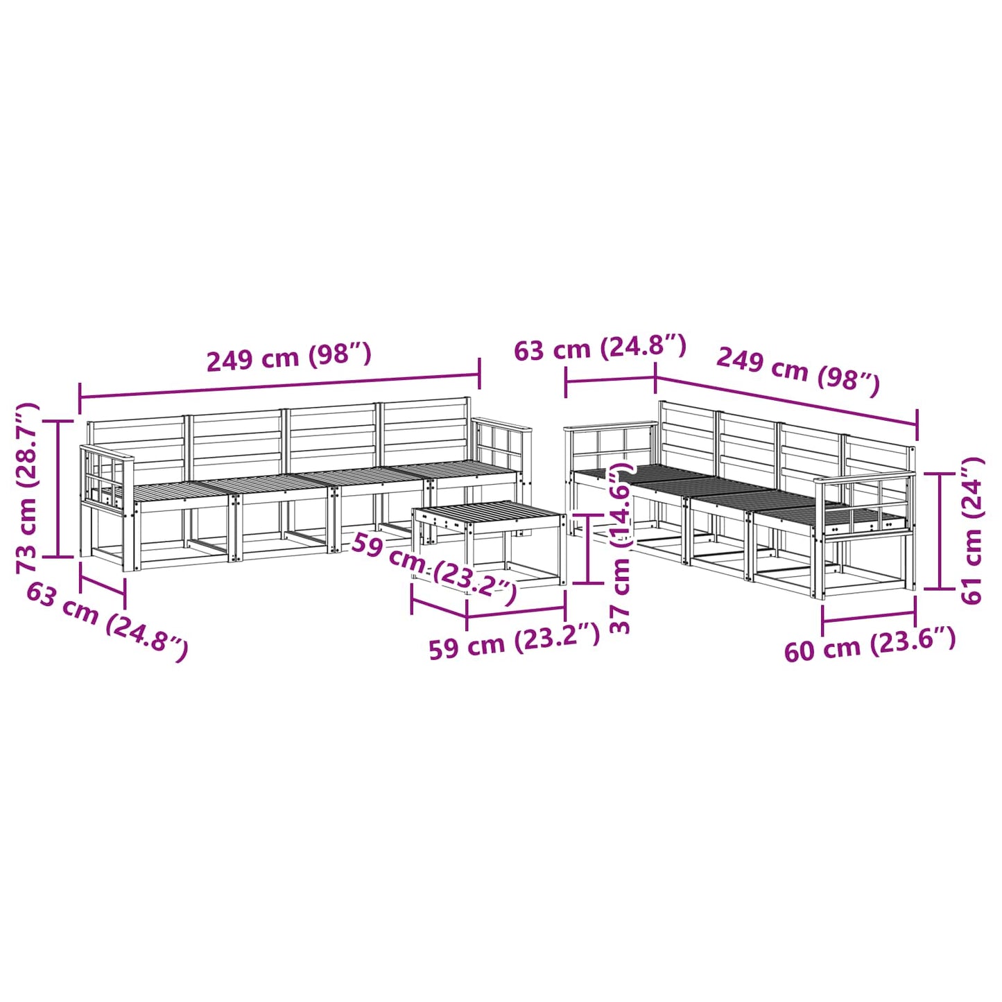 Buiten bankenset 9 pcs Wit 59 x 59 x 37 cm Massief Acaciahout