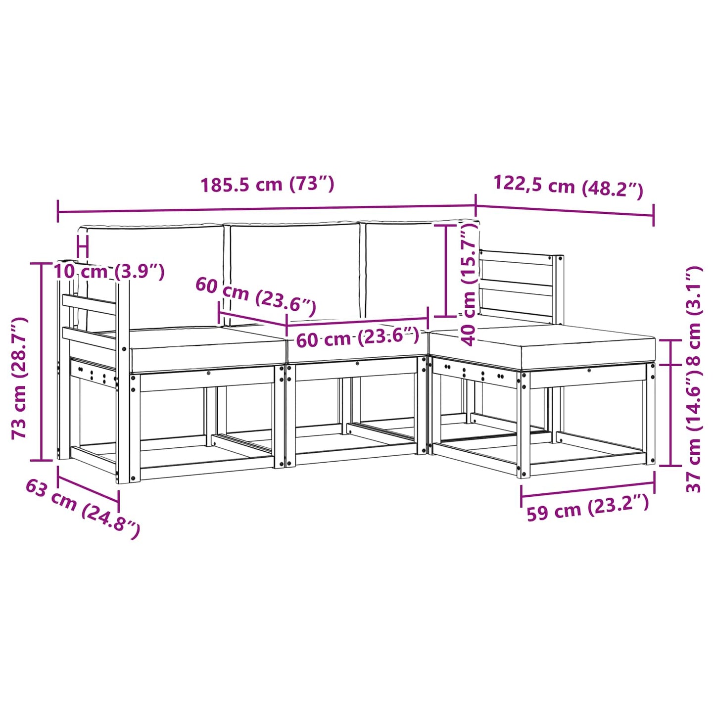 Buiten bankenset 4 pcs Wit en Lichtgrijs 185,5 x 122,5 x 73 cm