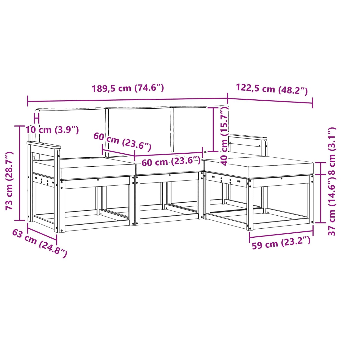 Buiten bankenset 4 pcs Wit en Lichtgrijs 189,5 x 122,5 x 73 cm