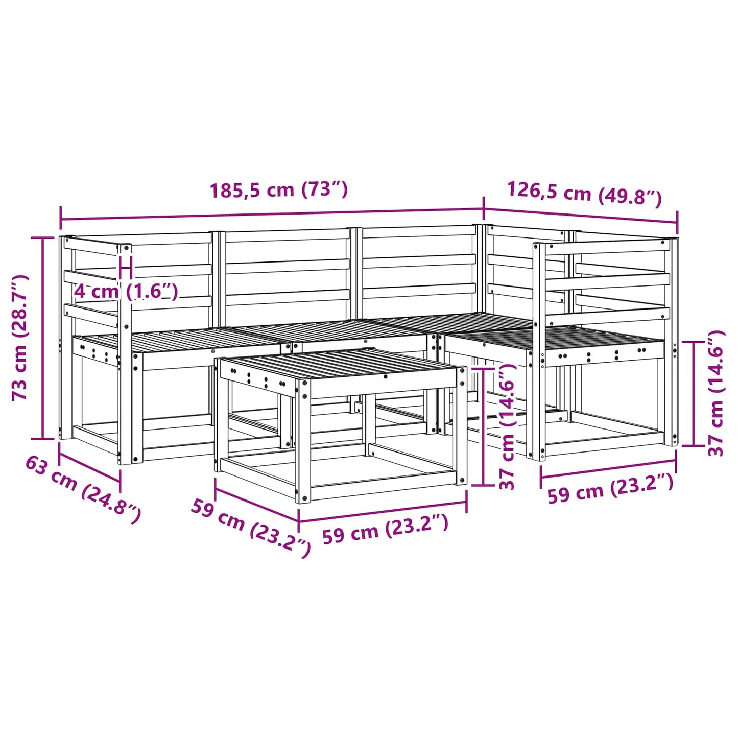 Buiten bankenset 5 pcs Wit 59 x 59 x 37 cm Massief Acaciahout