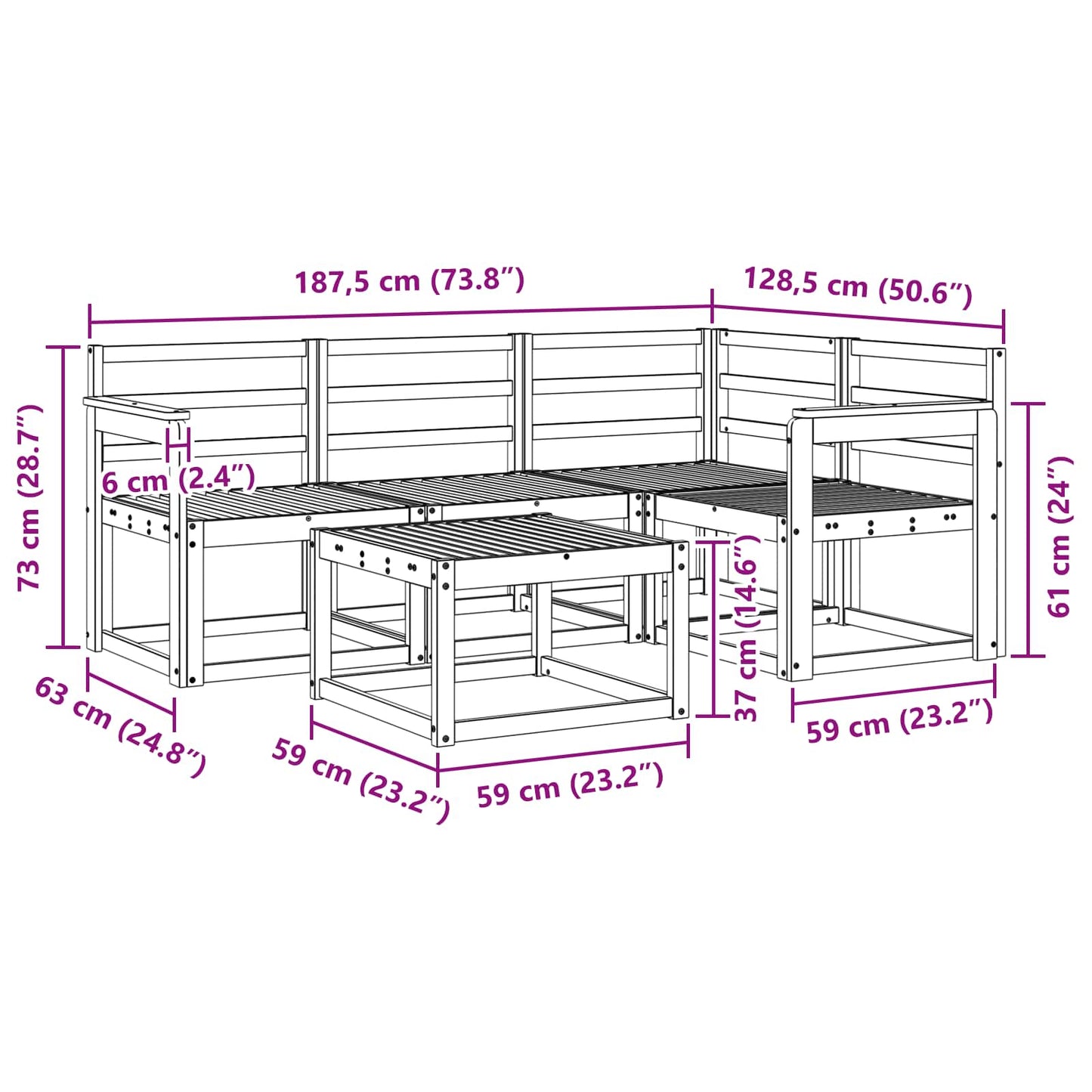 Buiten bankenset 5 pcs Wit 59 x 59 x 37 cm Massief Acaciahout