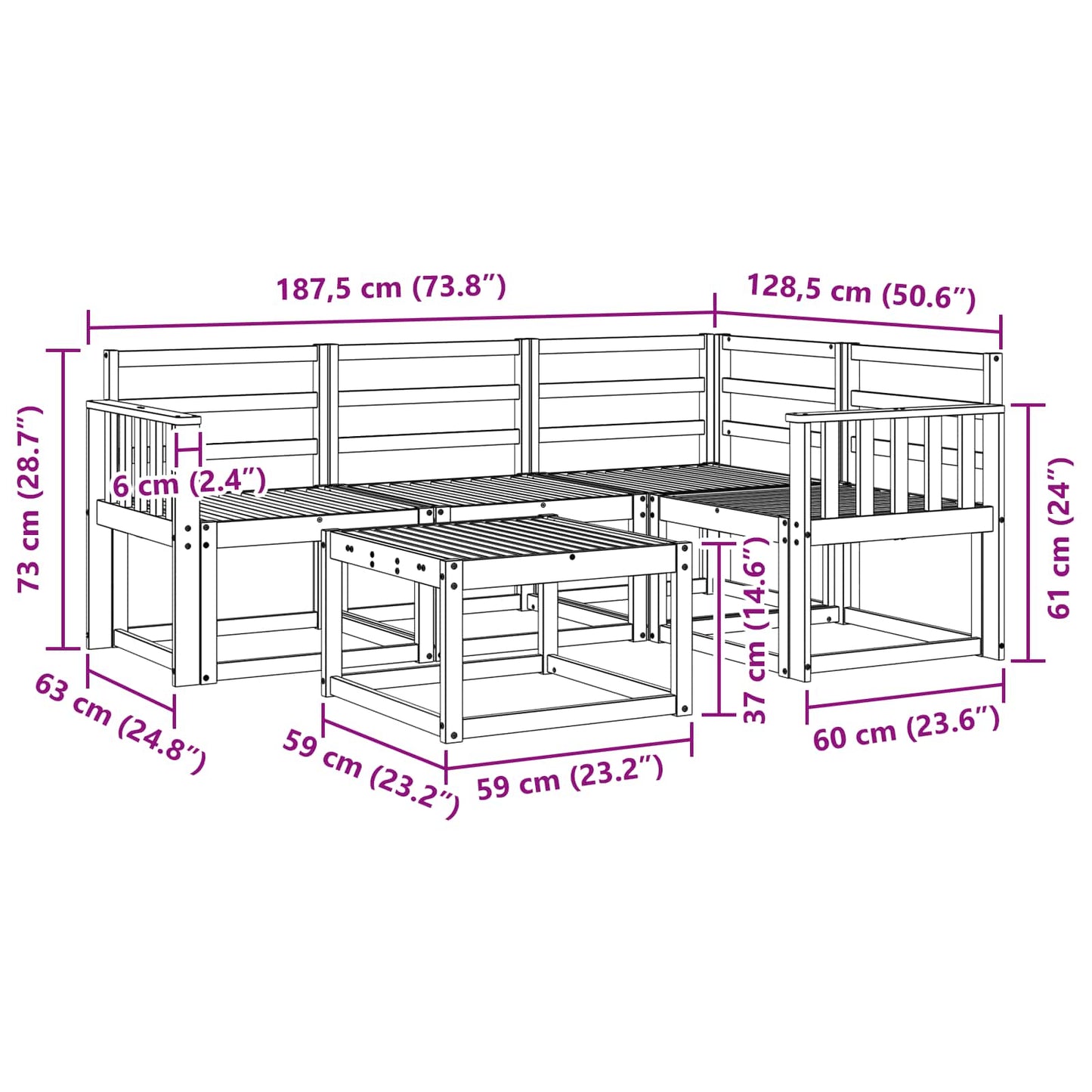 Buiten bankenset 5 pcs Wit 59 x 59 x 37 cm Massief Acaciahout