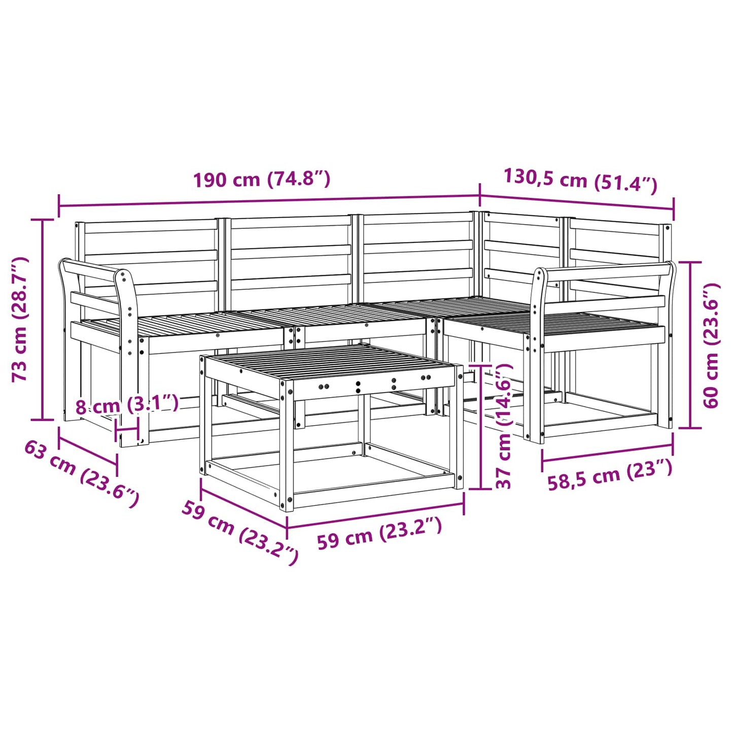 Buiten bankenset 5 pcs Wit 59 x 59 x 37 cm Massief Acaciahout