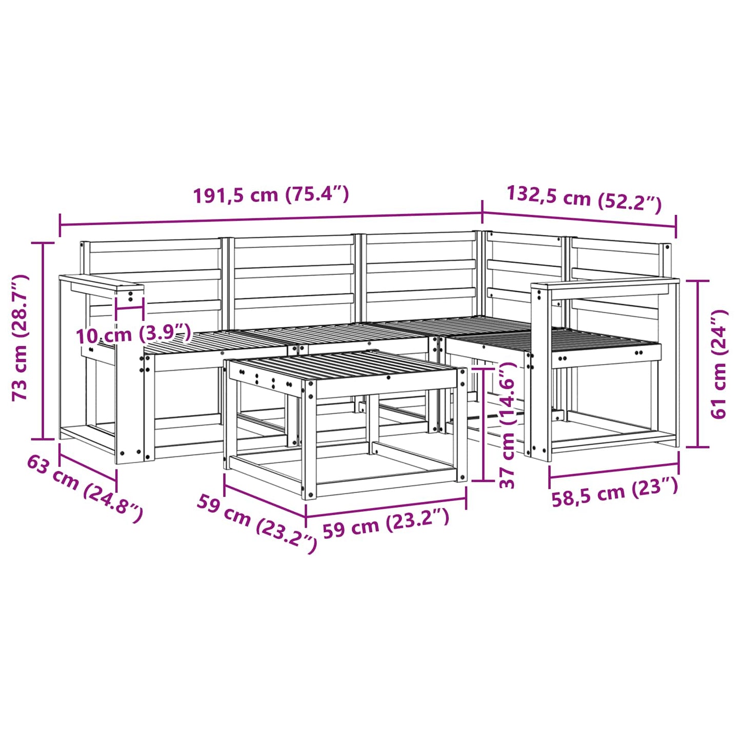 Buiten bankenset 5 pcs Wit 59 x 59 x 37 cm Massief Acaciahout