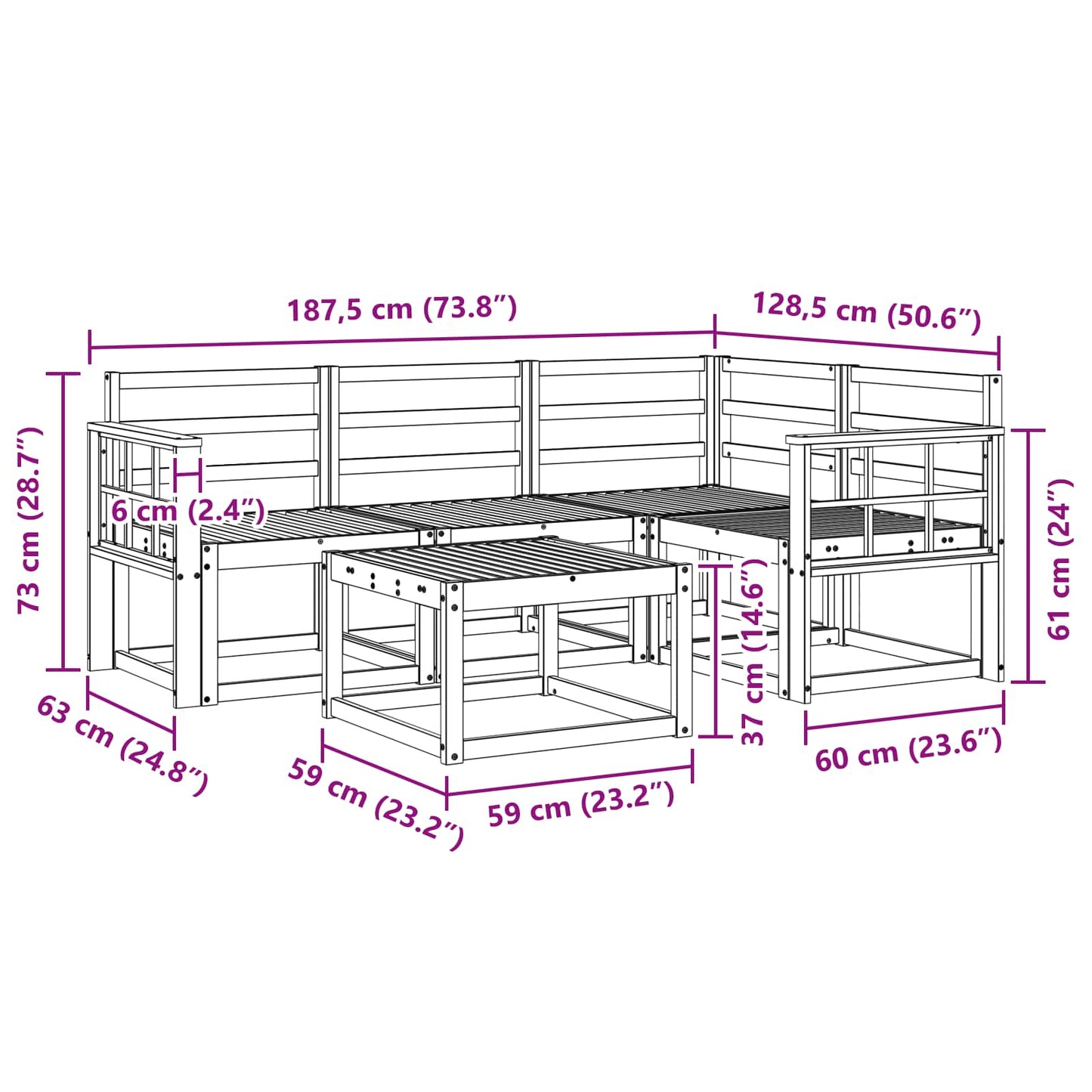 Buiten bankenset 5 pcs Wit 59 x 59 x 37 cm Massief Acaciahout