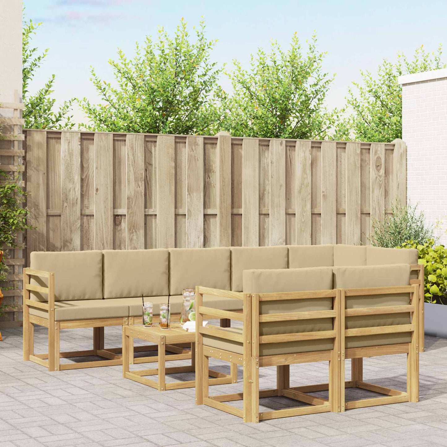 Buiten bankenset met kussen 9 pcs Wit en Beige Polyester is nu te koop bij PeponiXL, paradijselijk wonen!