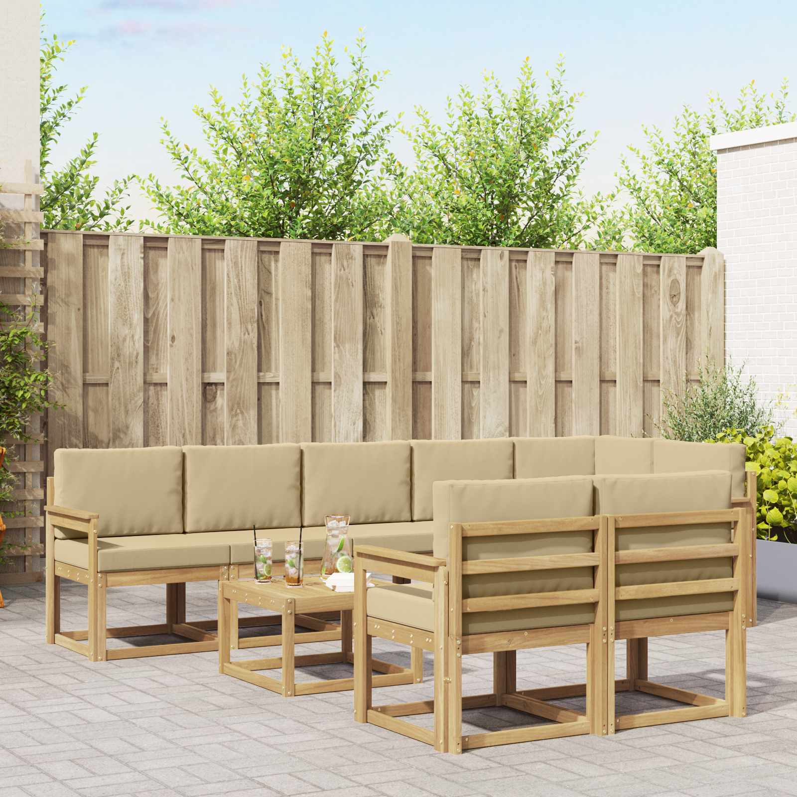 Buiten bankenset met kussen 9 pcs Wit en Beige Polyester is nu te koop bij PeponiXL, paradijselijk wonen!