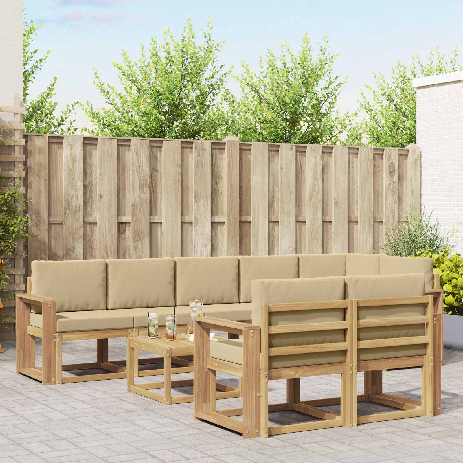 Buiten bankenset met kussen 9 pcs Wit en Beige Polyester is nu te koop bij PeponiXL, paradijselijk wonen!