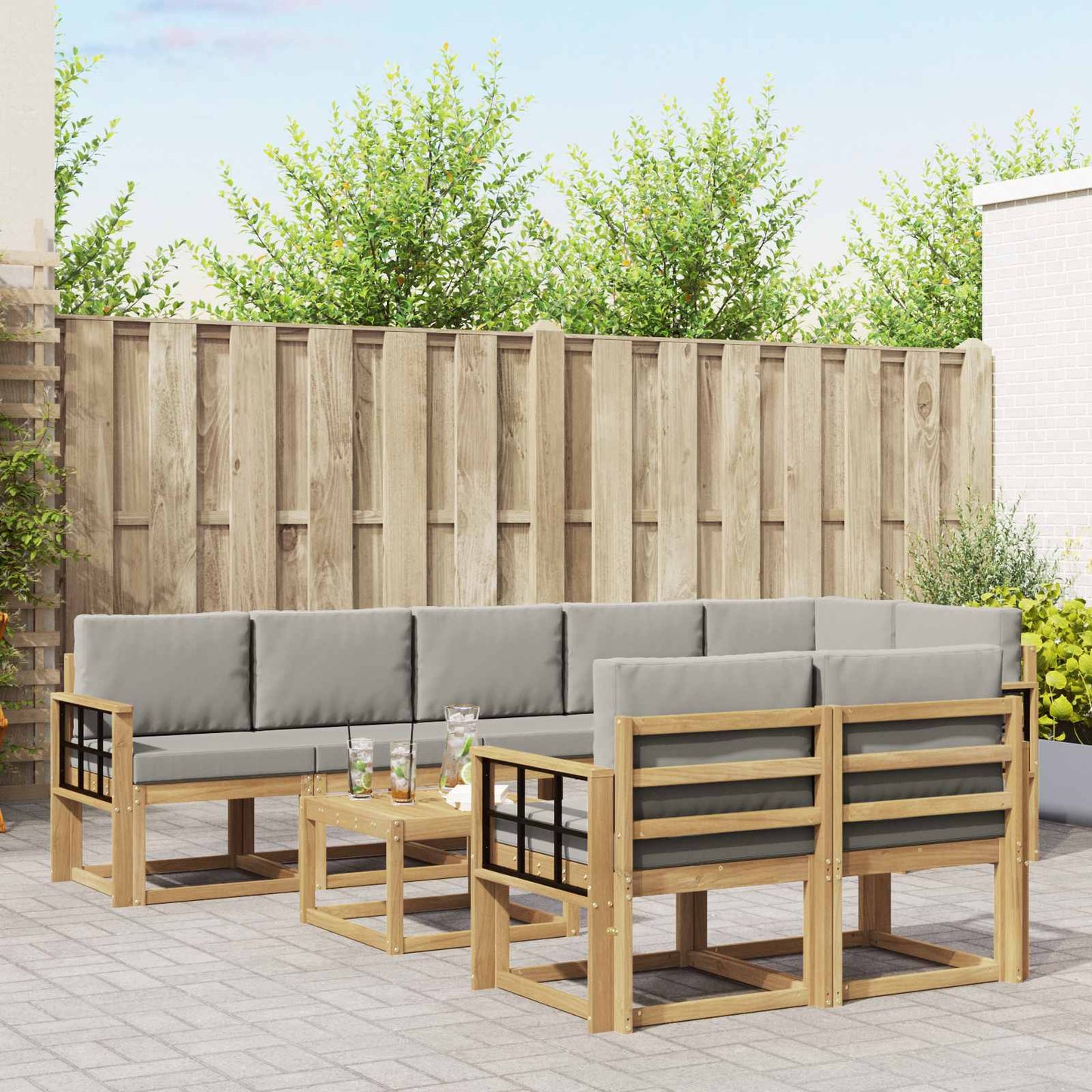 Buiten bankenset met kussen 9 pcs Wit en Lichtgrijs