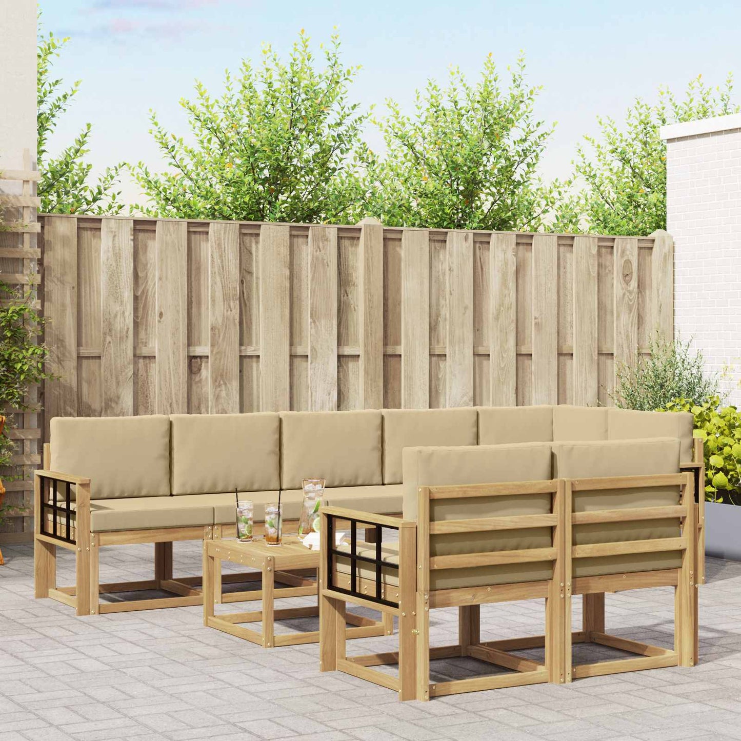 Buiten bankenset met kussen 9 pcs Wit en Beige Polyester is nu te koop bij PeponiXL, paradijselijk wonen!