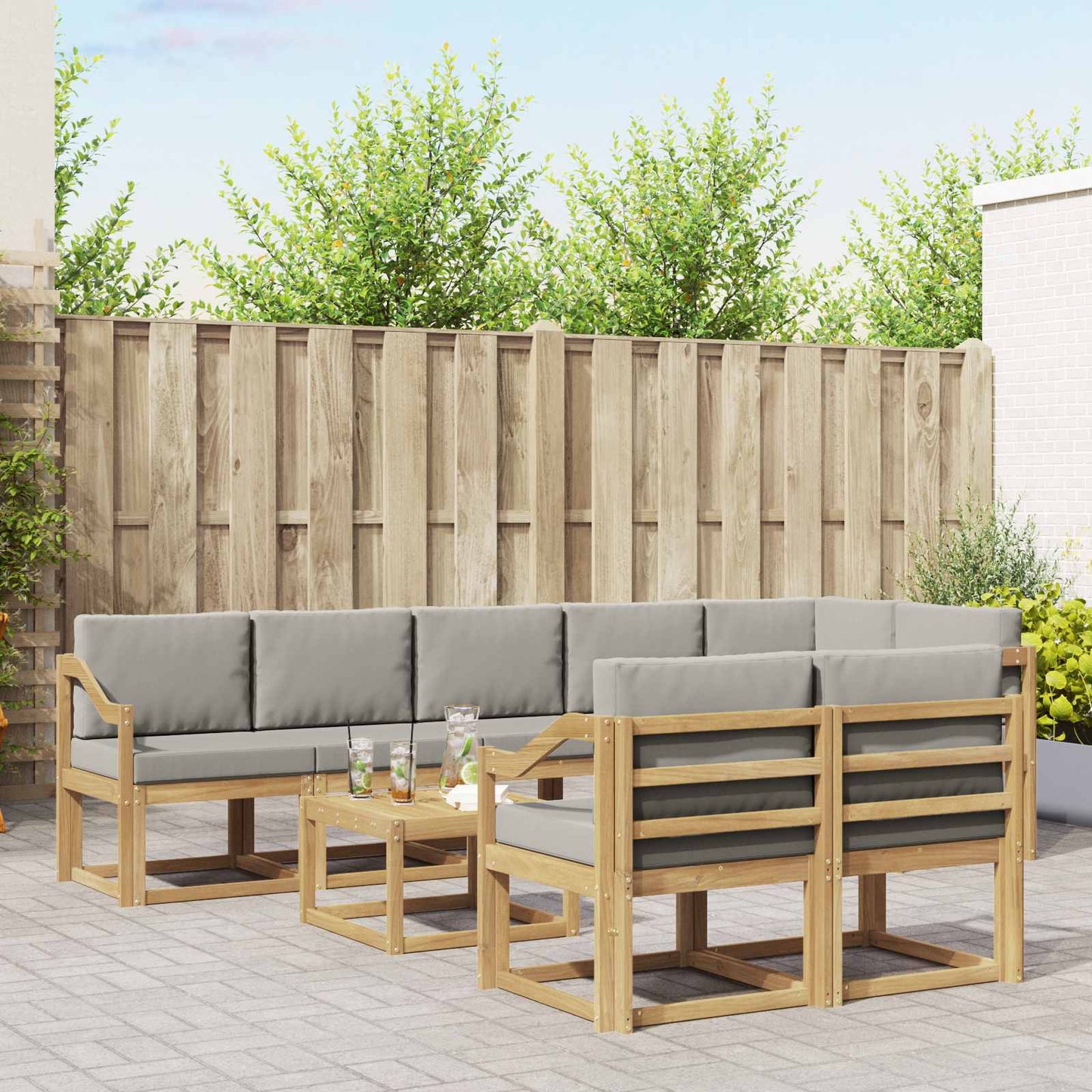 Buiten bankenset met kussen 9 pcs Wit en Lichtgrijs