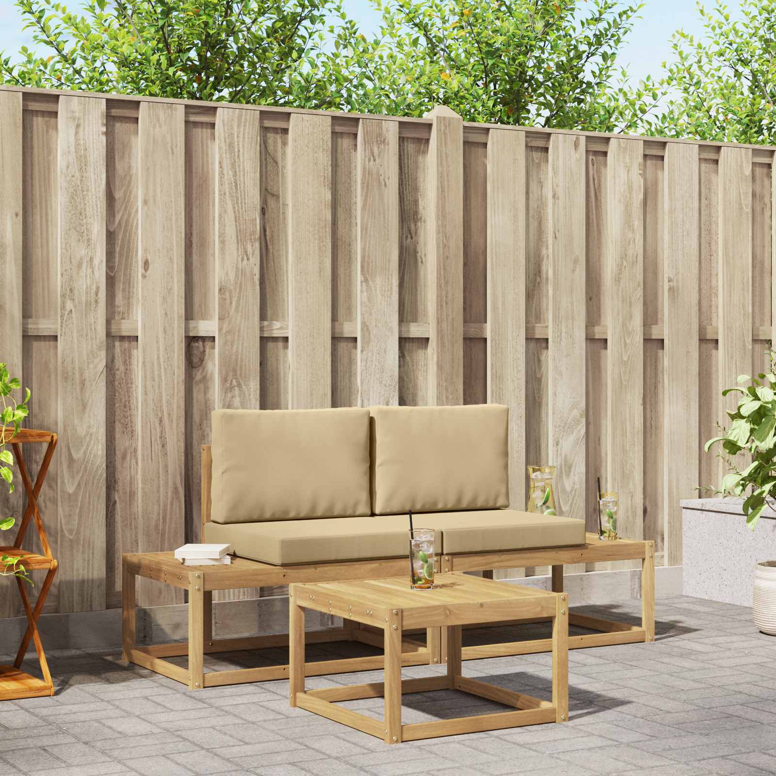 Buiten bankenset met kussen 3 pcs Wit en Beige Polyester is nu te koop bij PeponiXL, paradijselijk wonen!
