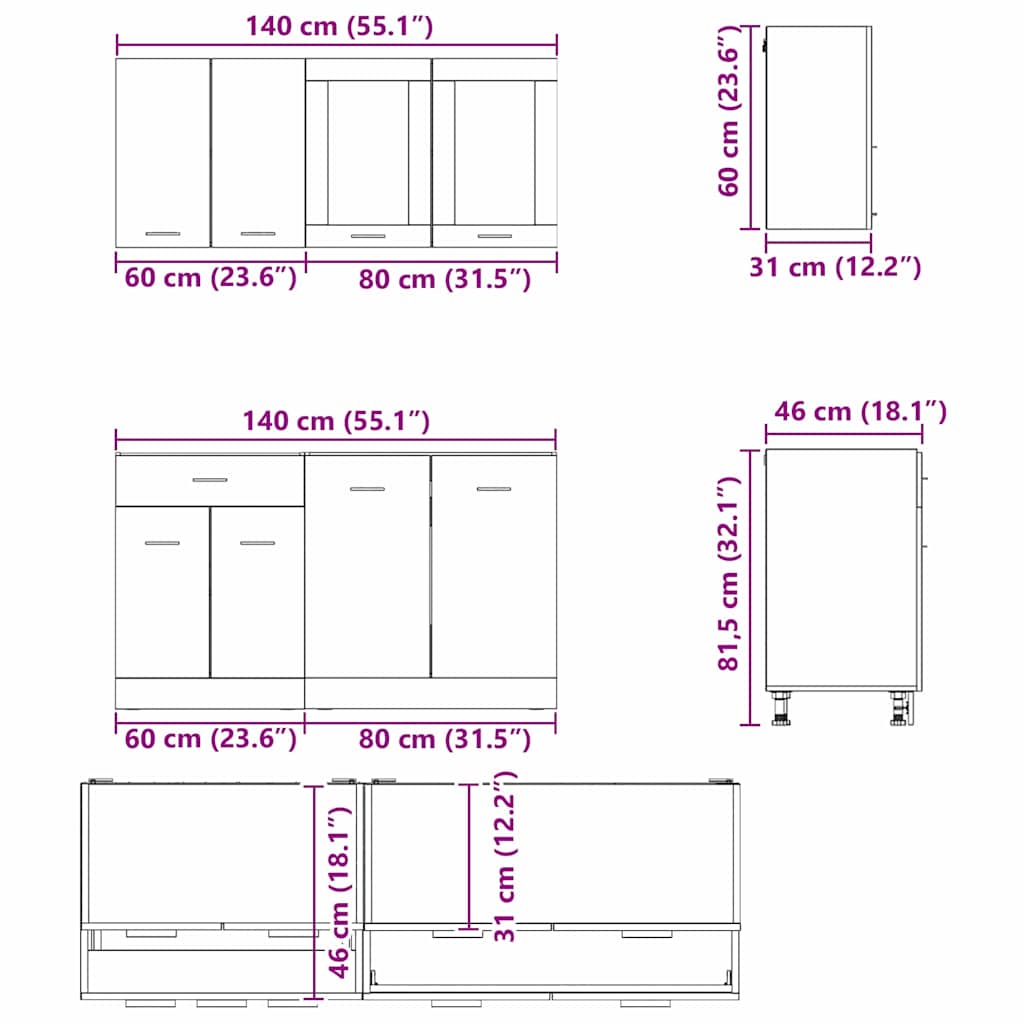 Keukenkastenset Lyon 4 pcs Grijs sonoma 140 x 46 x 81.5 cm is nu te koop bij PeponiXL, paradijselijk wonen!