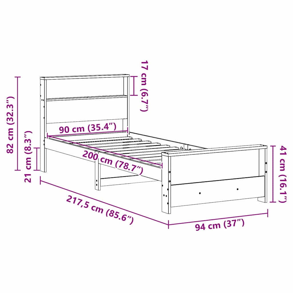 Bedframe met hoofdeinde Wasbruin 90 x 200 cm Bewerkt hout is nu te koop bij PeponiXL, paradijselijk wonen!