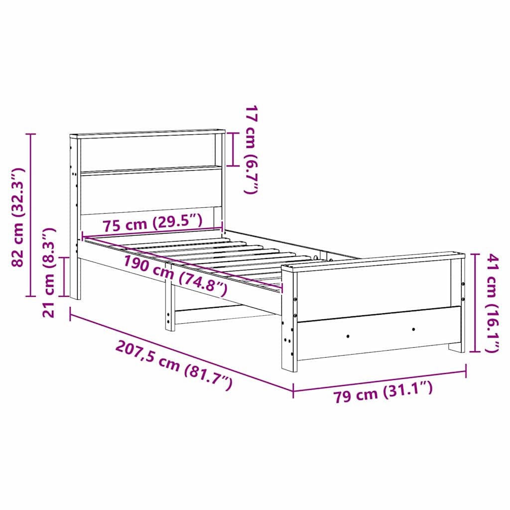 Bedframe met hoofdeinde Wasbruin 75 x 190 cm Bewerkt hout is nu te koop bij PeponiXL, paradijselijk wonen!