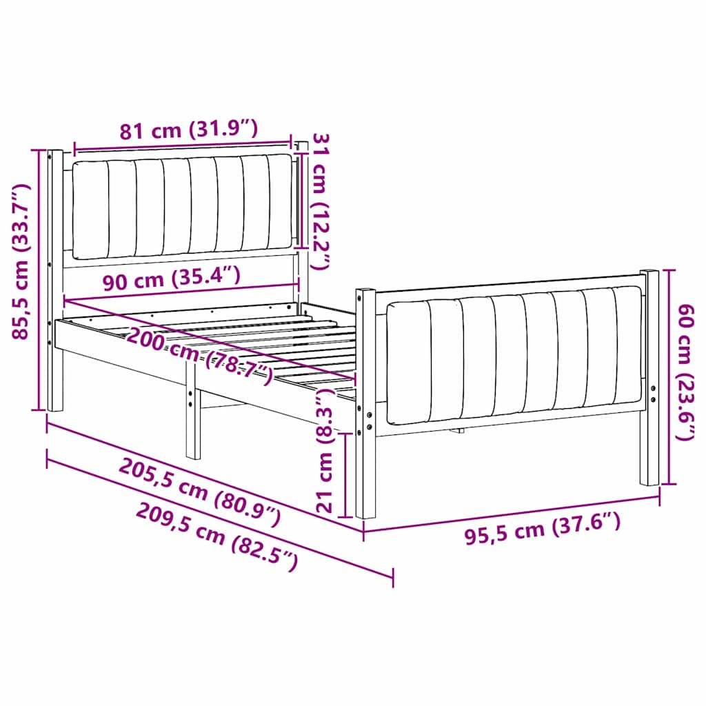 Bedframe Bruin en lichtgrijs 90 x 200 cm Massief grenenhout is nu te koop bij PeponiXL, paradijselijk wonen!