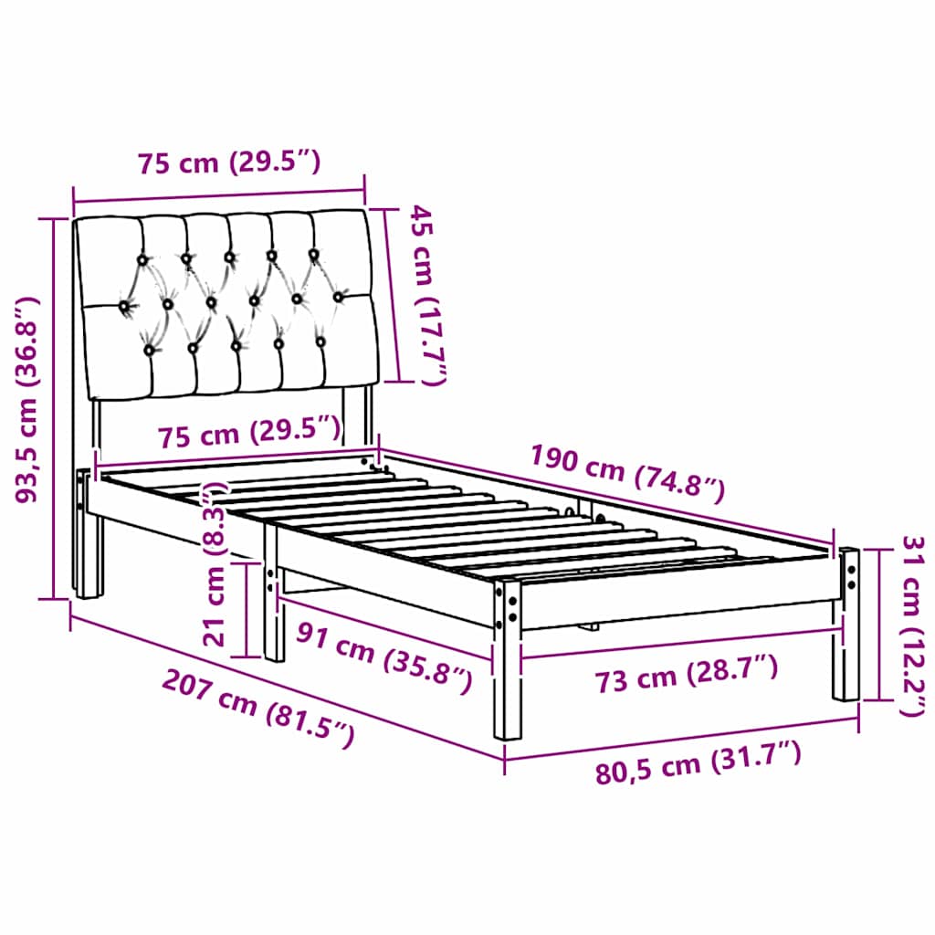 Bedframe met Gevoerd Hoofdgedeelte Wit 75 x 190 cm is nu te koop bij PeponiXL, paradijselijk wonen!