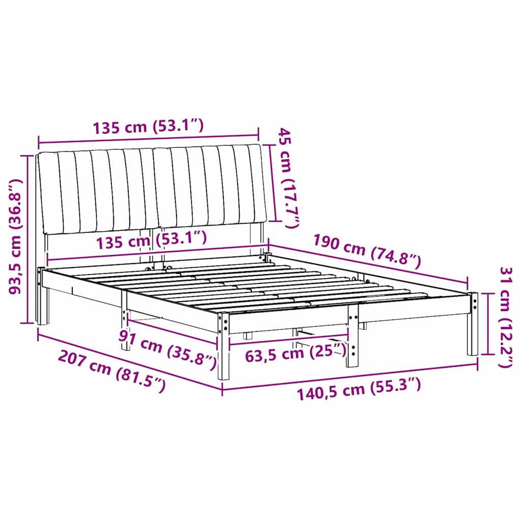 Bedframe met hoofdeinde Bruin 135 x 190 cm Massief grenenhout is nu te koop bij PeponiXL, paradijselijk wonen!