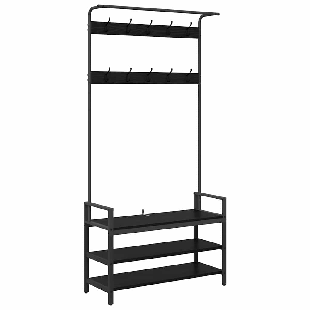 Kapstok met plank Zwart Eiken 95 x 34 x 184 cm Bewerkt hout is nu te koop bij PeponiXL, paradijselijk wonen!