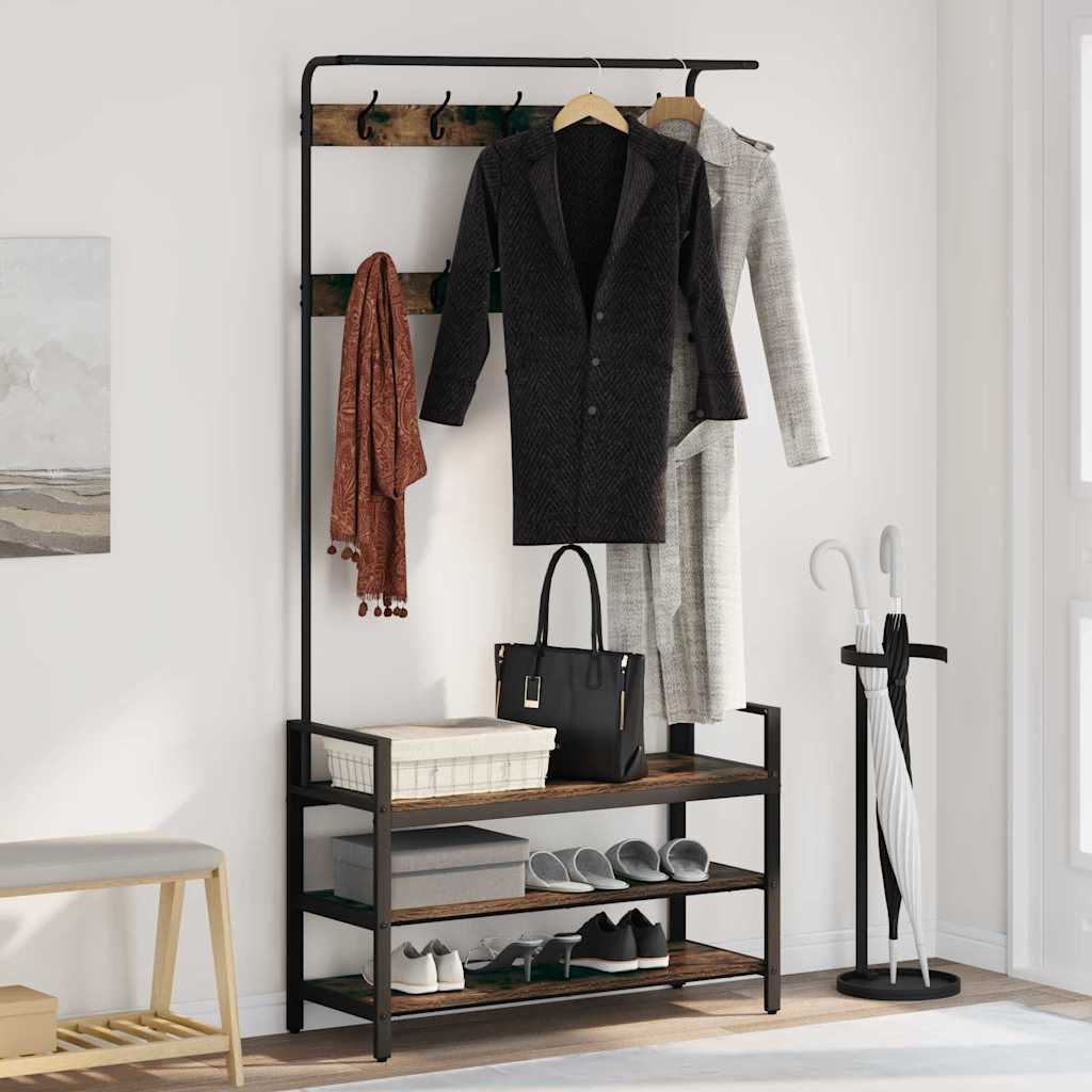 Kapstok met plank Gerookt eiken 95 x 34 x 184 cm Bewerkt hout is nu te koop bij PeponiXL, paradijselijk wonen!