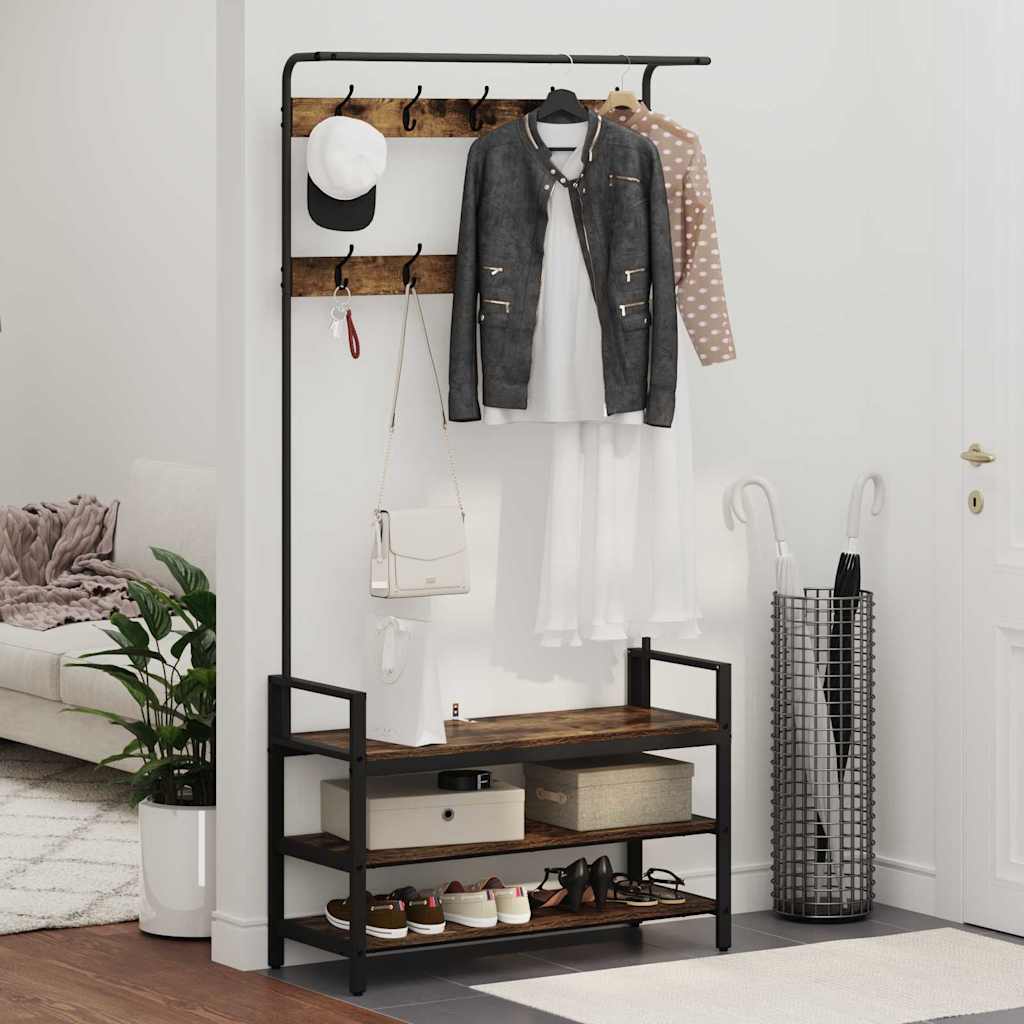 Kapstok met plank Gerookt eiken 95 x 34 x 184 cm Bewerkt hout is nu te koop bij PeponiXL, paradijselijk wonen!