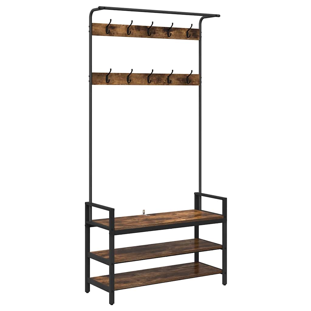 Kapstok met plank Gerookt eiken 95 x 34 x 184 cm Bewerkt hout is nu te koop bij PeponiXL, paradijselijk wonen!