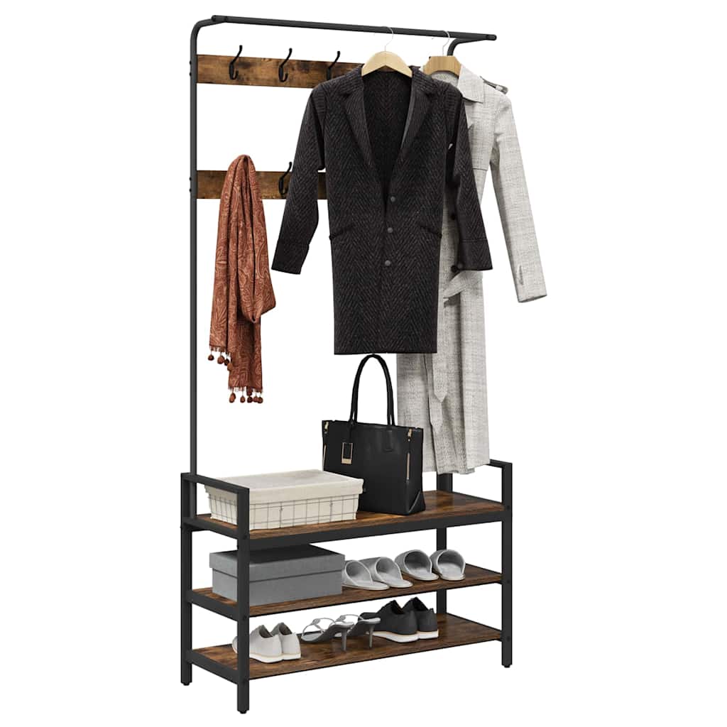 Kapstok met plank Gerookt eiken 95 x 34 x 184 cm Bewerkt hout is nu te koop bij PeponiXL, paradijselijk wonen!