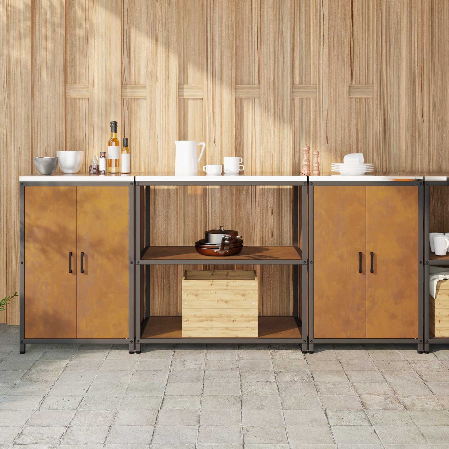 Keukenopslag set met plank met opslag 3 pcs Roestig Cortenstaal is nu te koop bij PeponiXL, paradijselijk wonen!