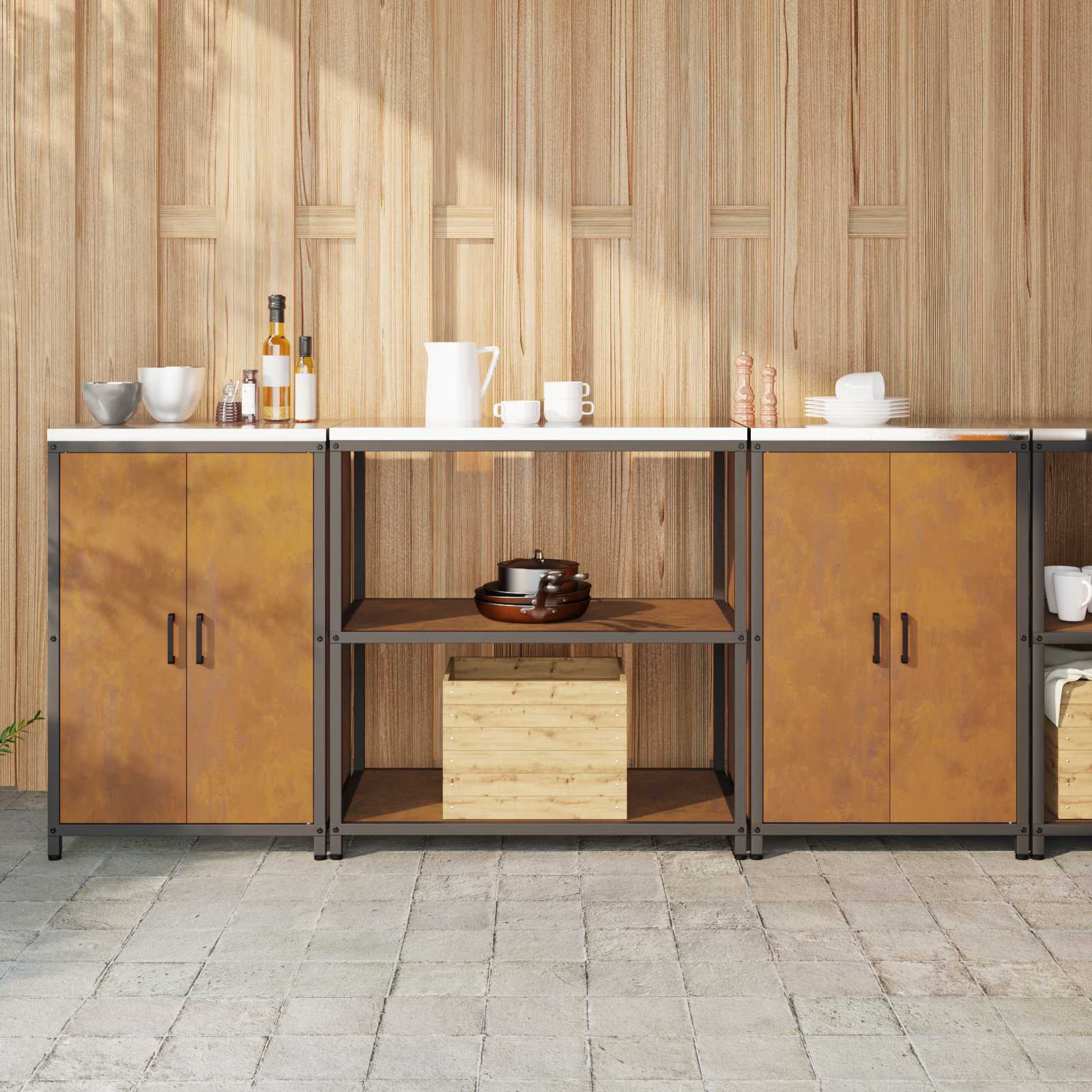 Keukenopslag set met plank met opslag 3 pcs Roestig Cortenstaal is nu te koop bij PeponiXL, paradijselijk wonen!