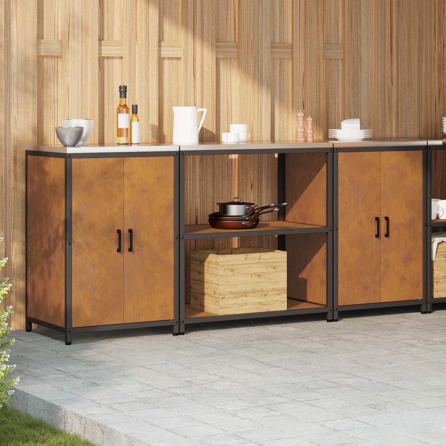 Keukenopslag set met plank met opslag 3 pcs Roestig Cortenstaal is nu te koop bij PeponiXL, paradijselijk wonen!