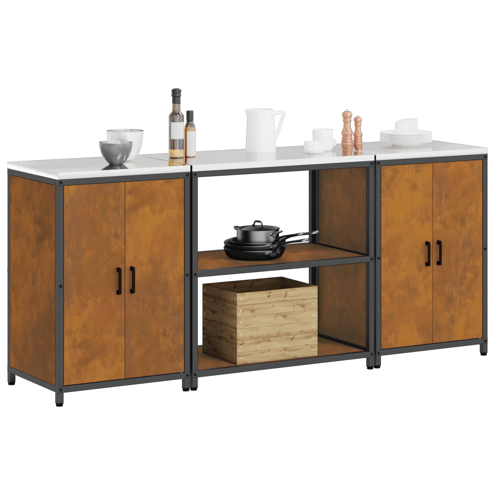 Keukenopslag set met plank met opslag 3 pcs Roestig Cortenstaal is nu te koop bij PeponiXL, paradijselijk wonen!