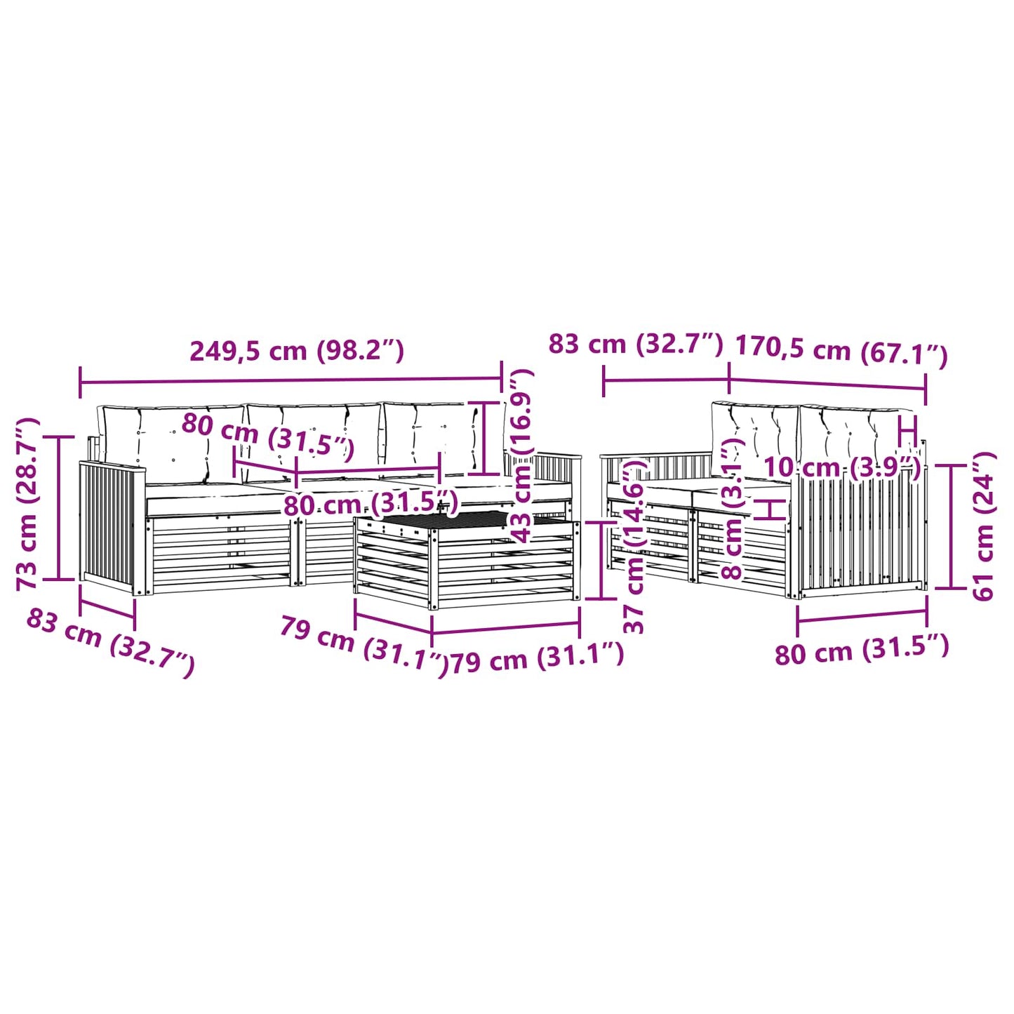 Buiten bankenset 6 pcs Wit en crèmekleurig