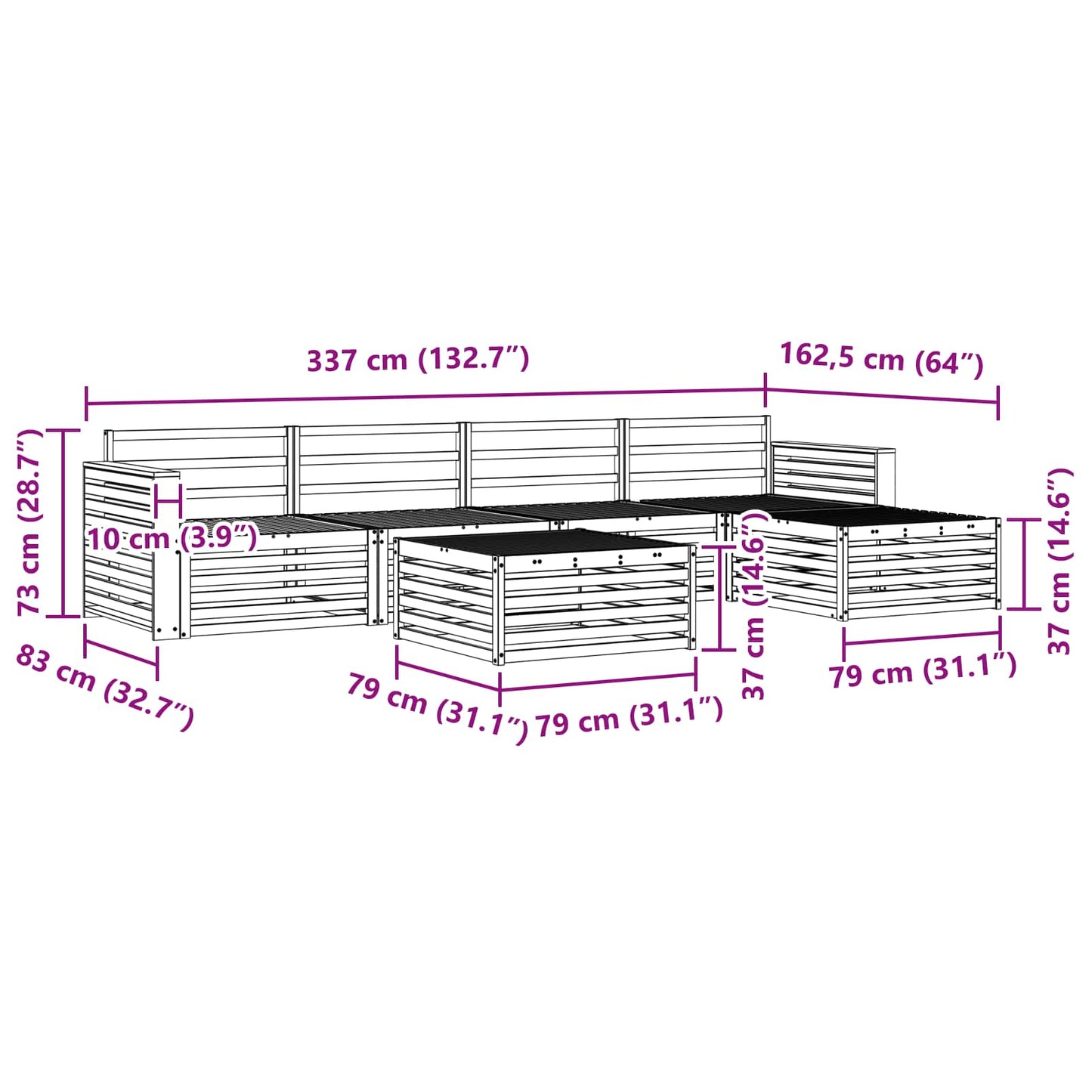 Buiten bankenset 6 pcs Wit 79 x 79 x 37 cm Massief Acaciahout