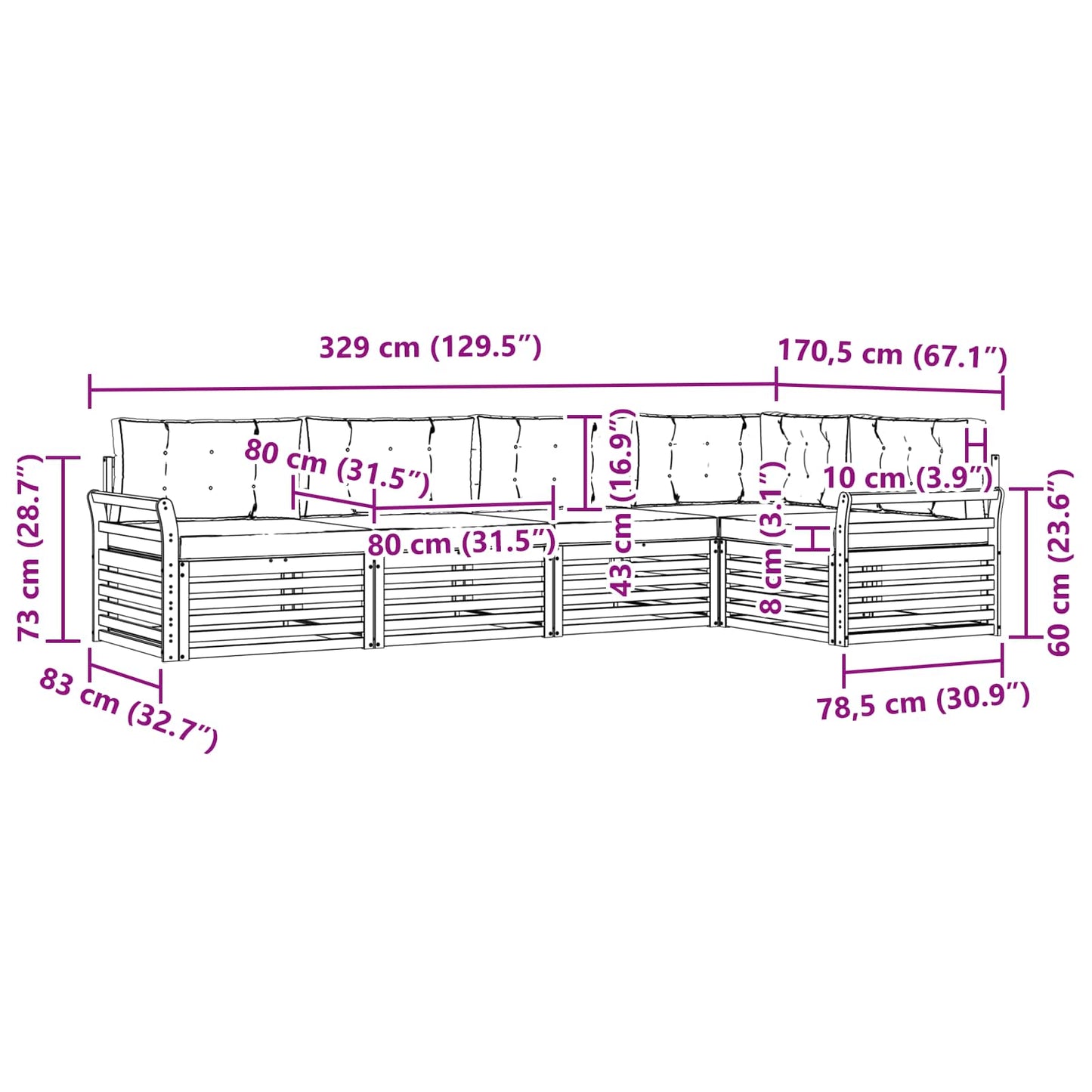 Buiten bankenset 5 pcs Wit en crèmekleurig 329 x 170,5 x 73 cm