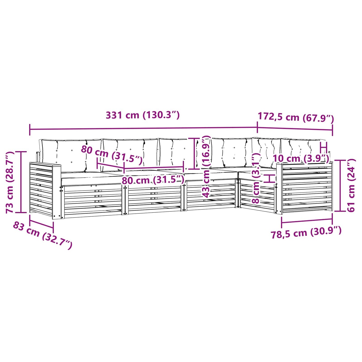 Buiten bankenset 5 pcs Wit en crèmekleurig 331 x 172,5 x 73 cm