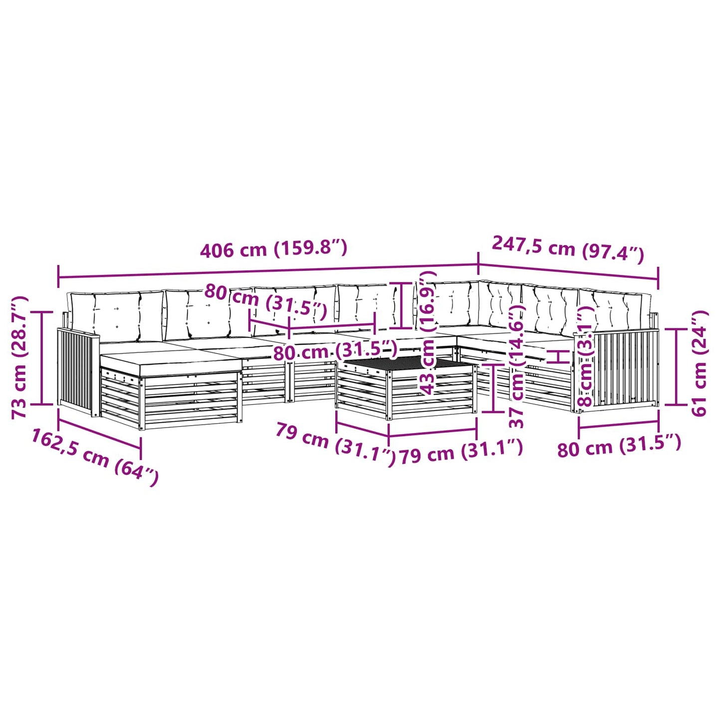 Buiten bankenset 9 pcs Wit en crèmekleurig Massief Acaciahout